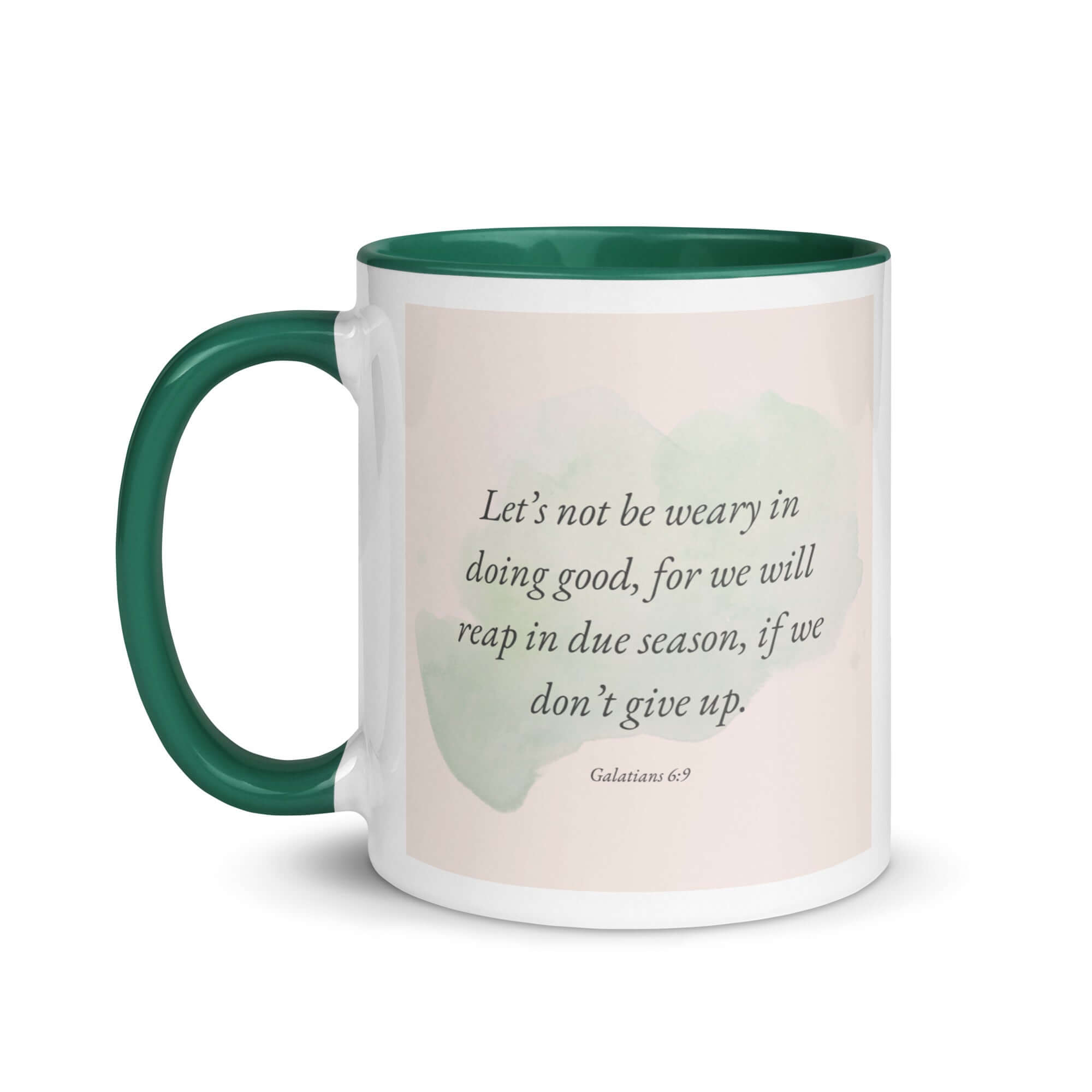 Galatians 6:9 Bible Verse, not be weary White Ceramic Mug with Color Inside