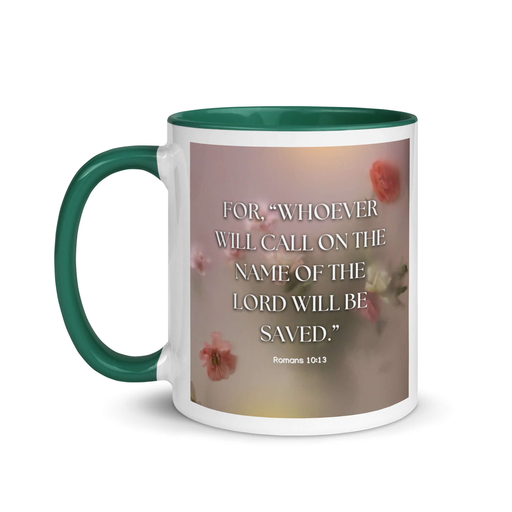 Romans 10:13 Bible Verse, will call White Ceramic Mug with Color Inside