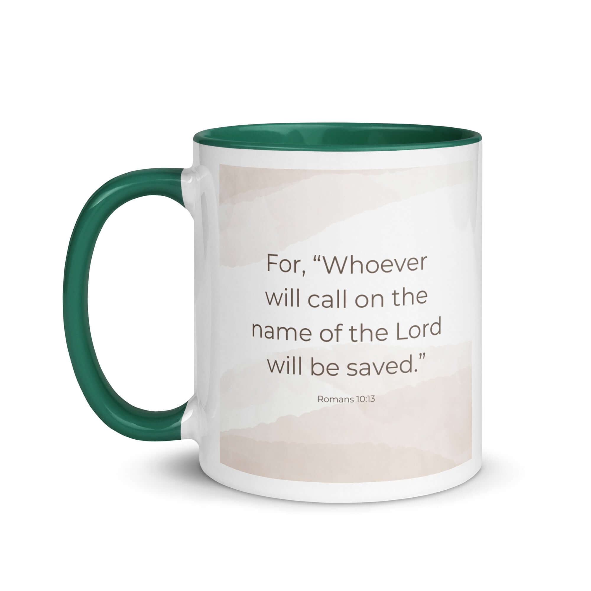 Romans 10:13 Bible Verse, the name White Ceramic Mug with Color Inside