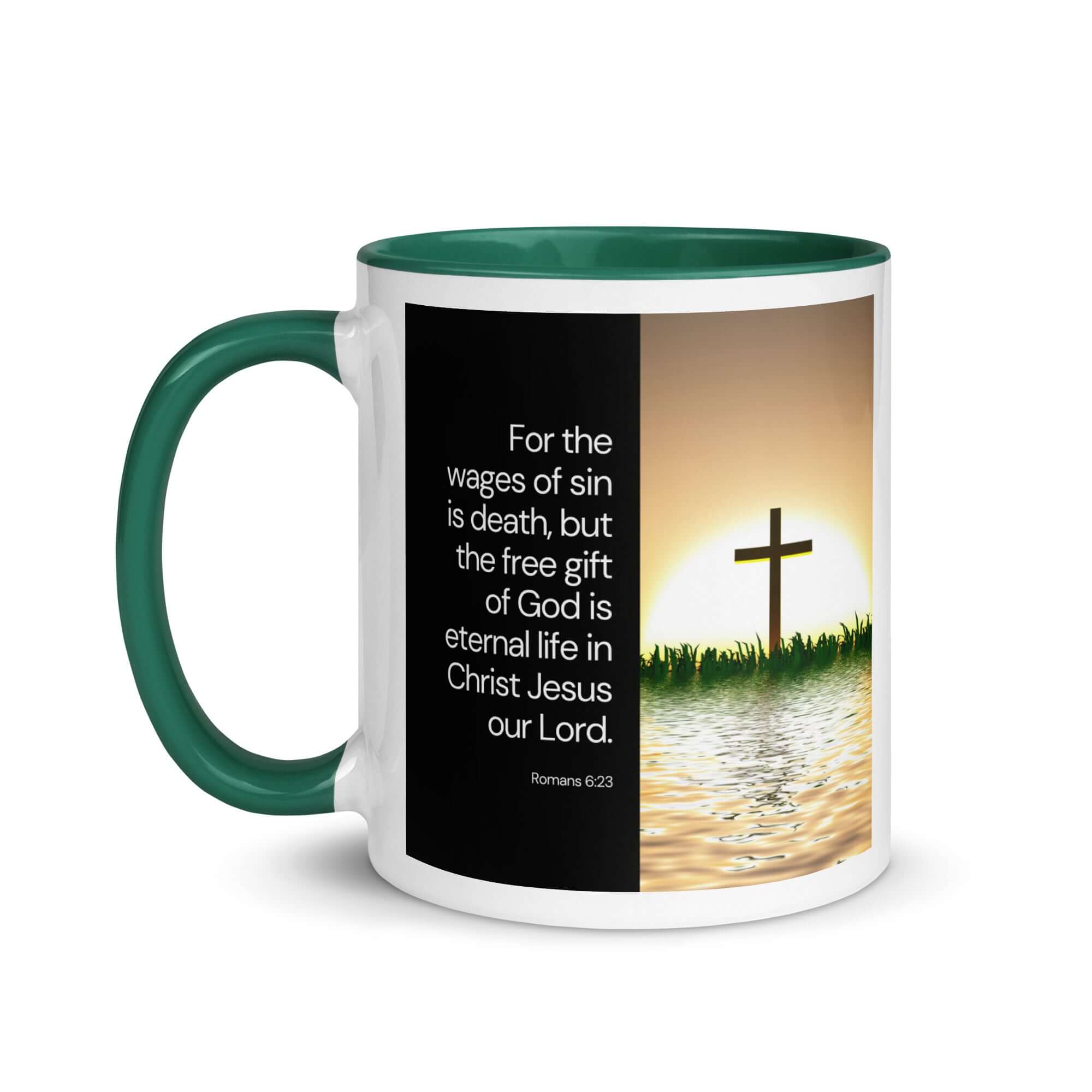 Romans 6:23 Bible Verse, the wages White Ceramic Mug with Color Inside