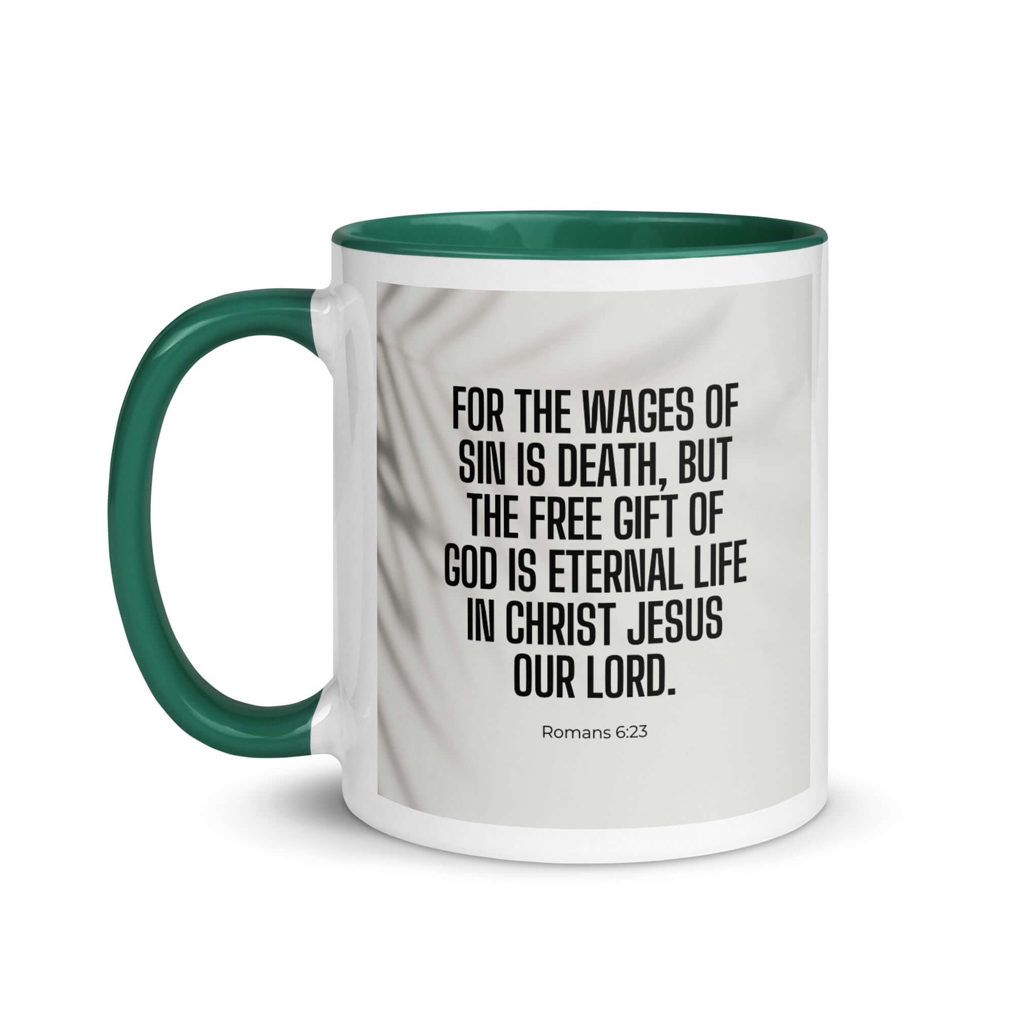 Romans 6:23 Bible Verse, eternal life White Ceramic Mug with Color Inside