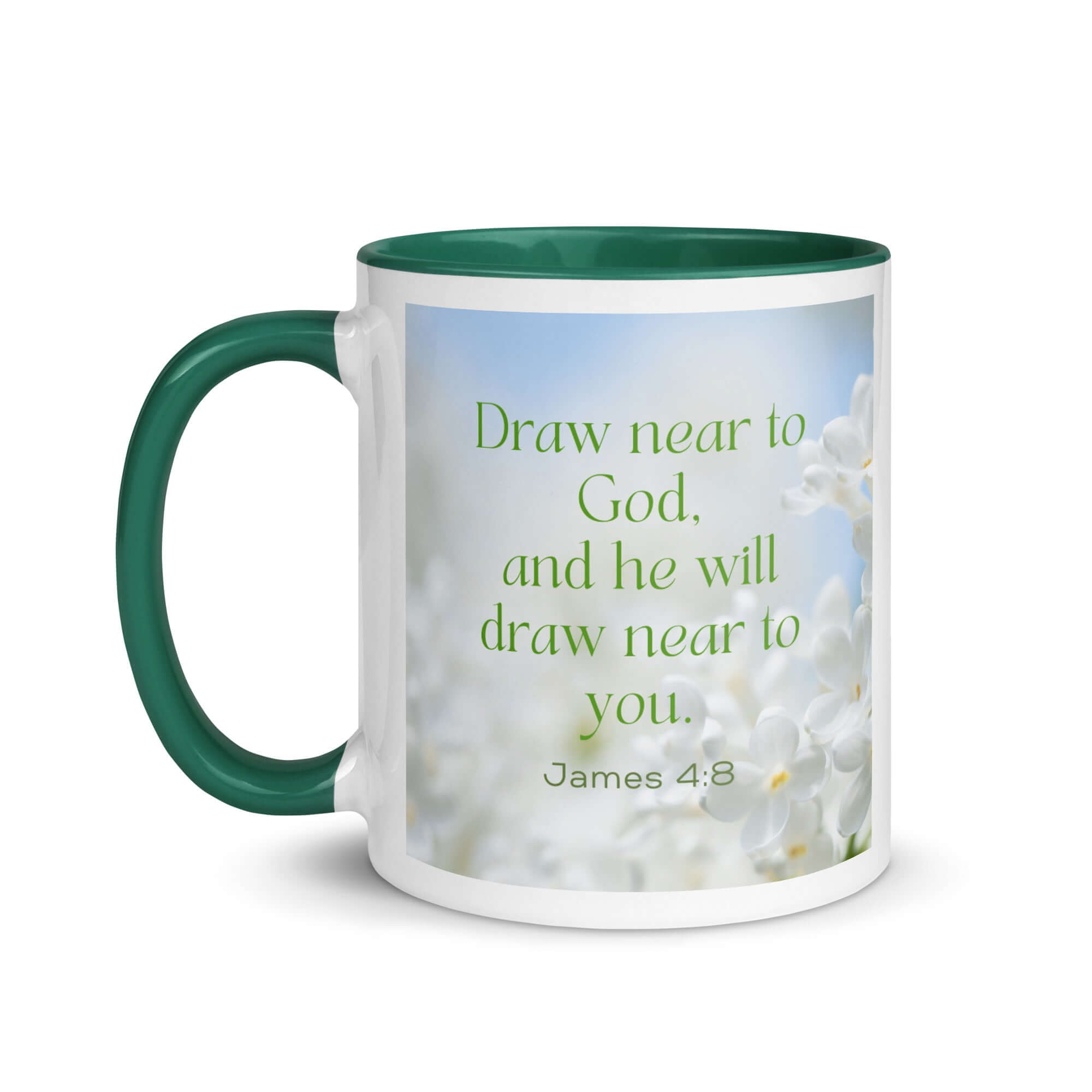 James 4:8 Bible Verse, Draw near White Ceramic Mug with Color Inside
