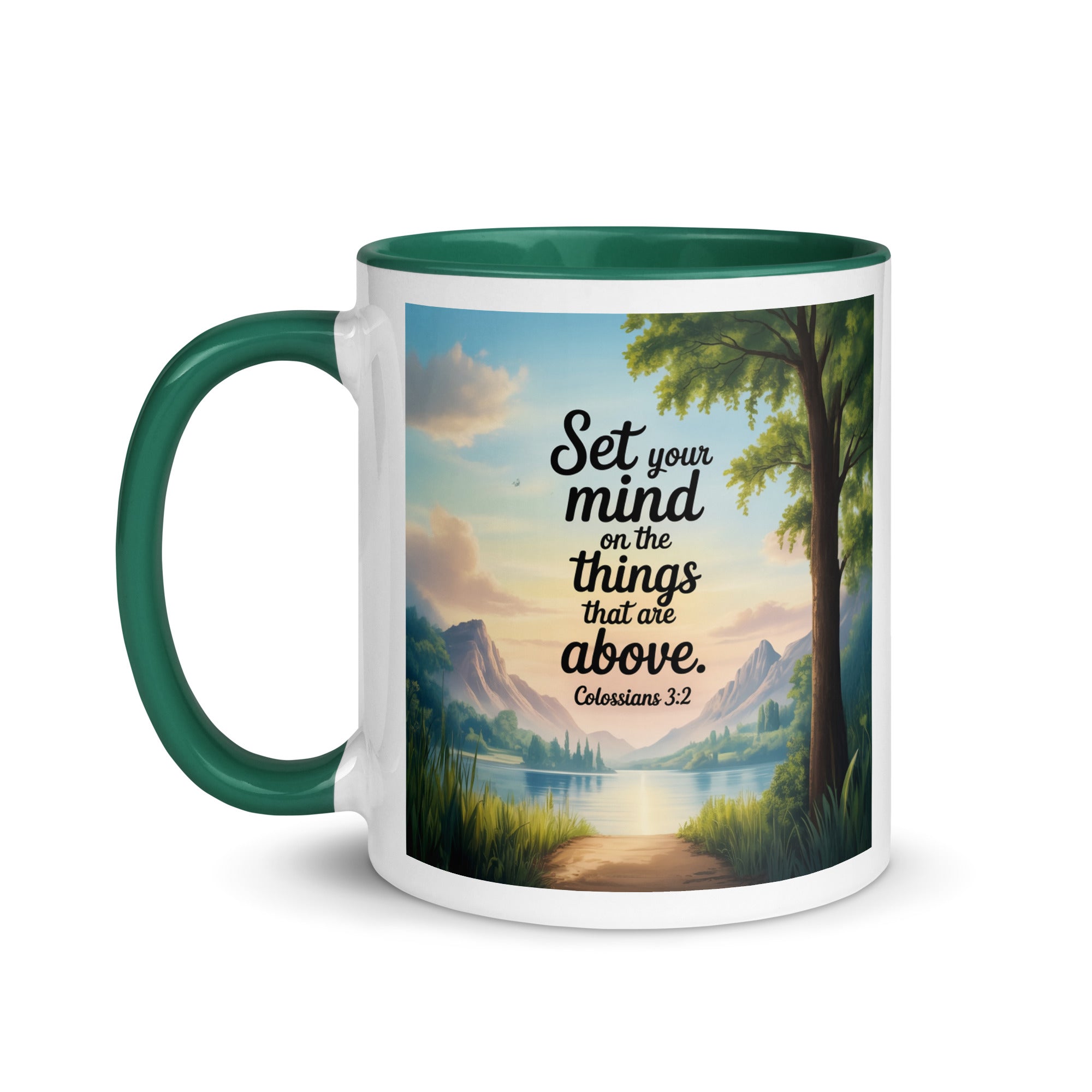 Colossians 3:2 Bible Verse Set White Ceramic Mug with Color Inside