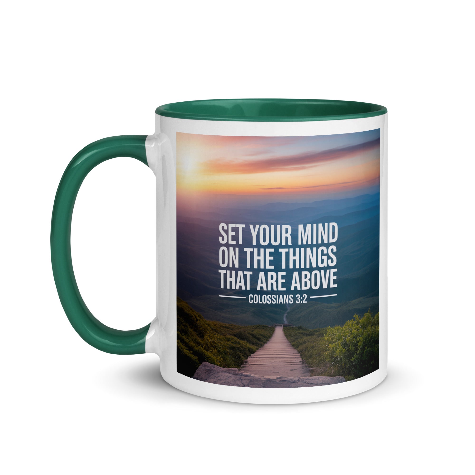 Colossians 3:2 Bible Verse your mind White Ceramic Mug with Color Inside