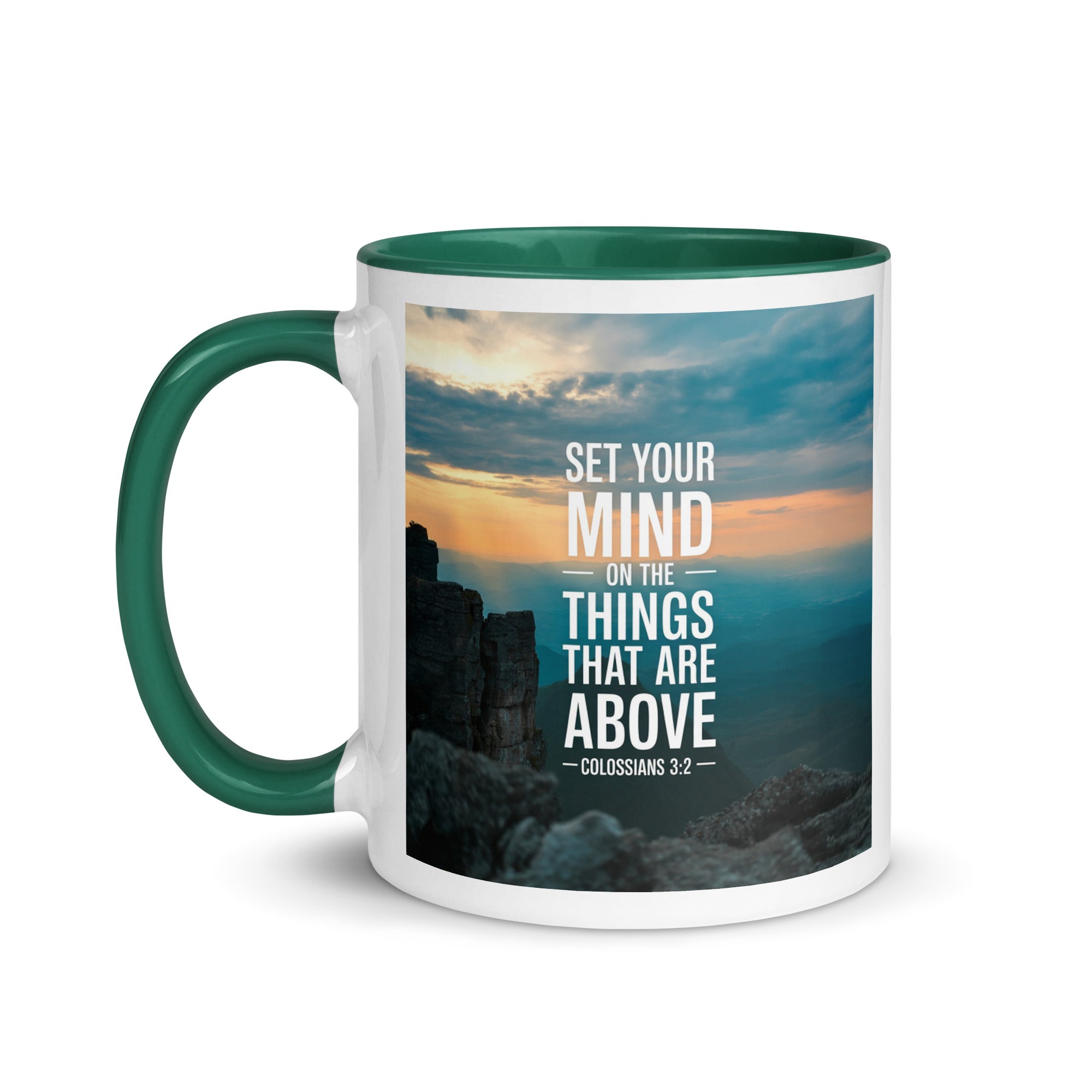 Colossians 3:2 Bible Verse on the White Ceramic Mug with Color Inside