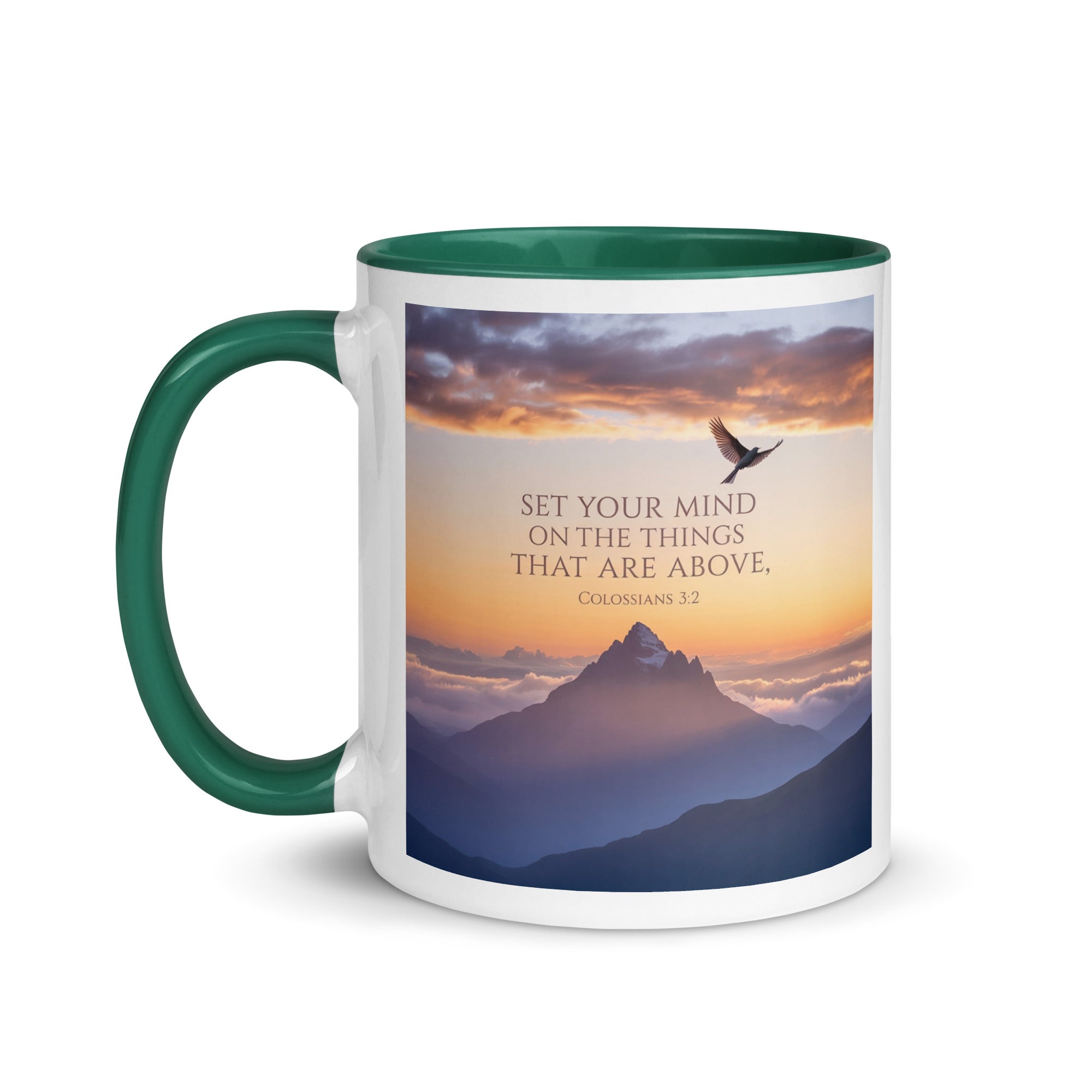 Colossians 3:2 Bible Verse are above White Ceramic Mug with Color Inside