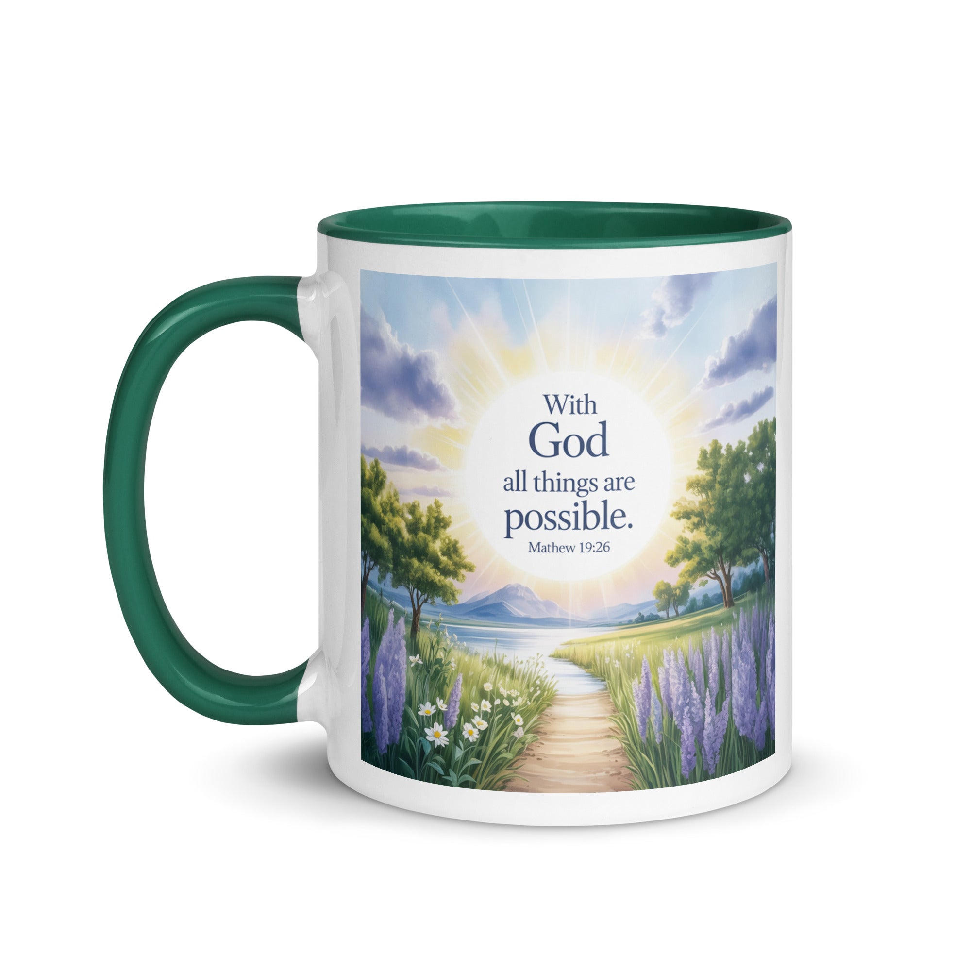 Matthew 19:26 Bible Verse Looking at White Ceramic Mug with Color Inside