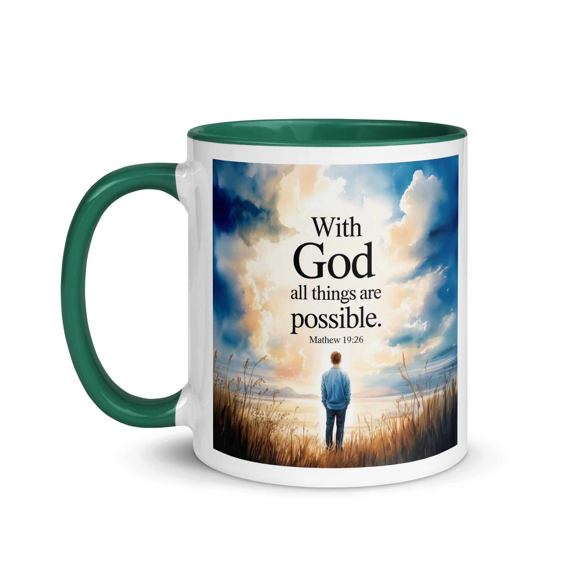 Matthew 19:26 Bible Verse Jesus White Ceramic Mug with Color Inside