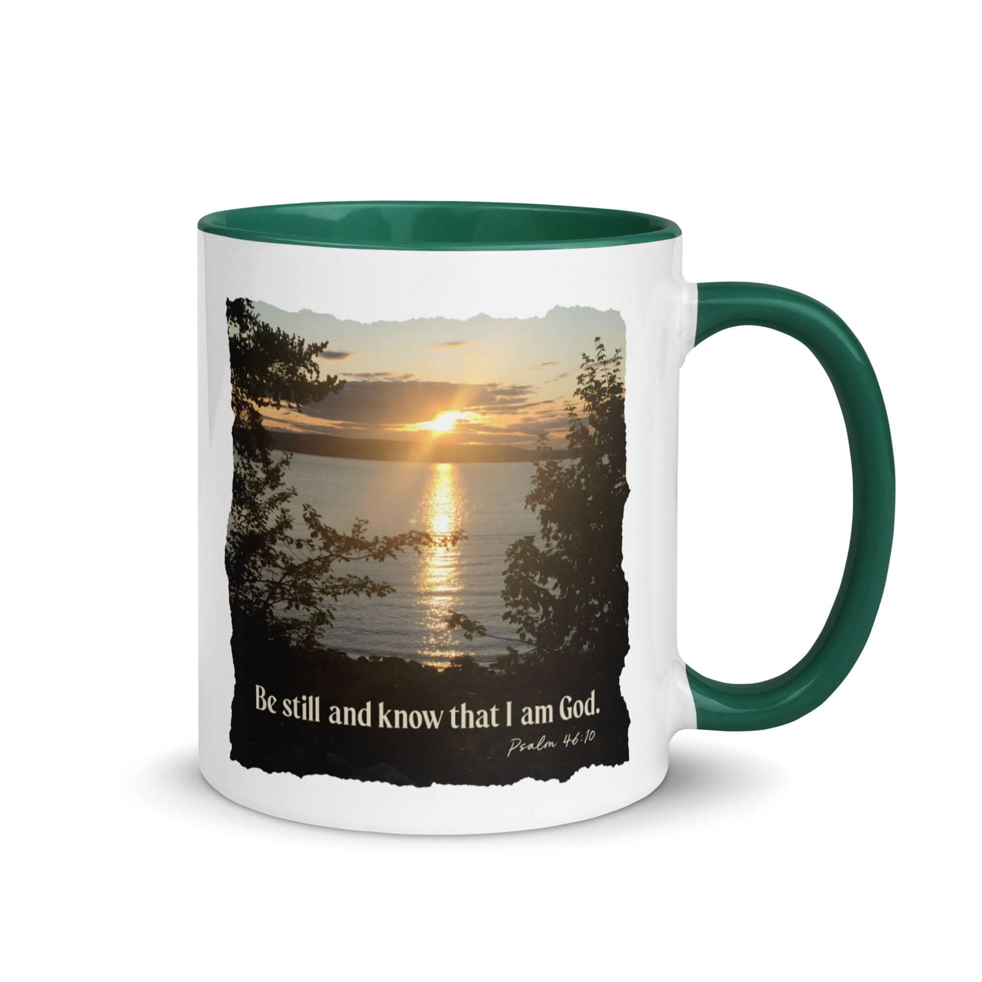 Psalm 46:10 Bible Verse, Sunset Glory White Ceramic Mug with Color Inside Dark green 11 oz
