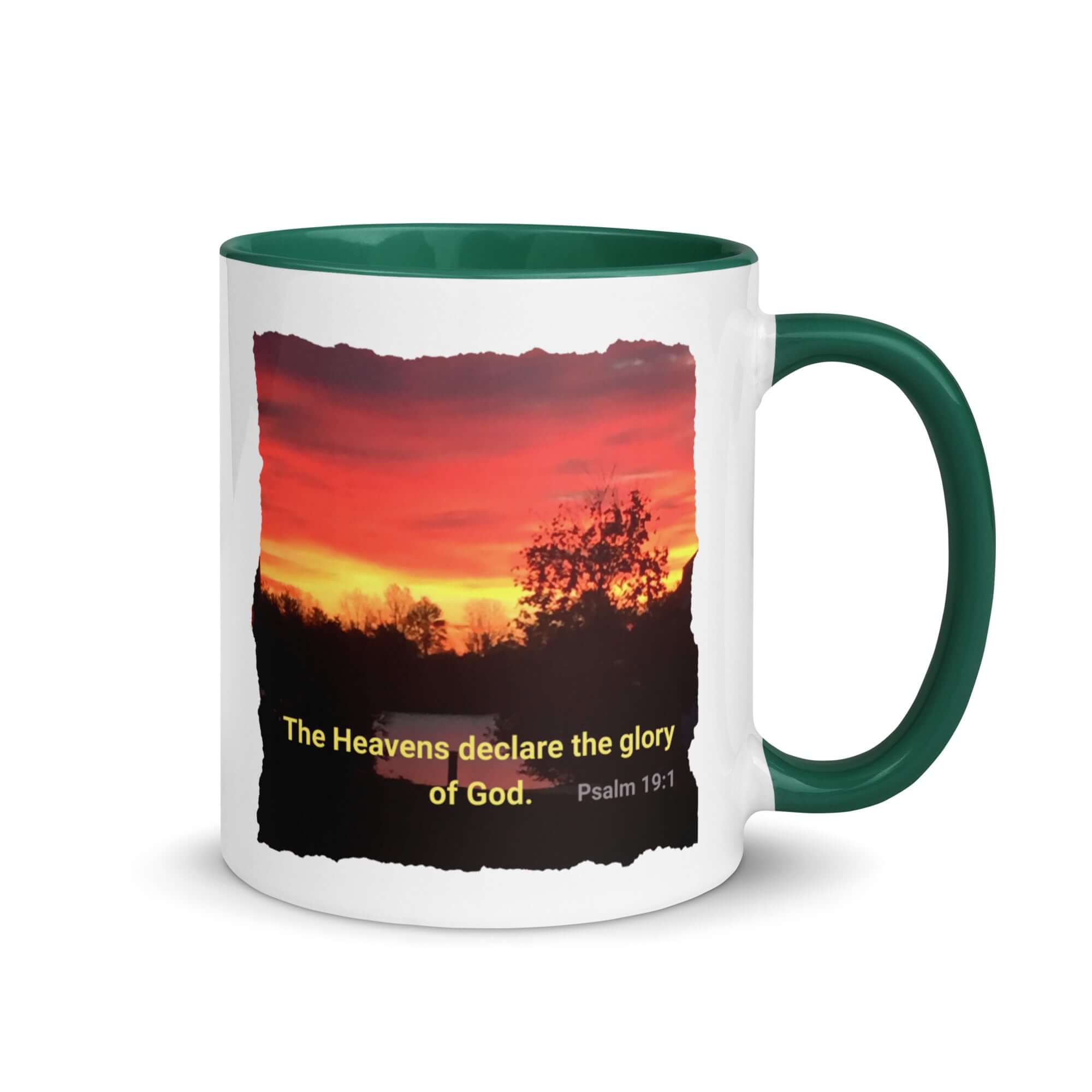 Psalm 19:1 Bible Verse, Sunset Glory White Ceramic Mug with Color Inside Dark green 11 oz