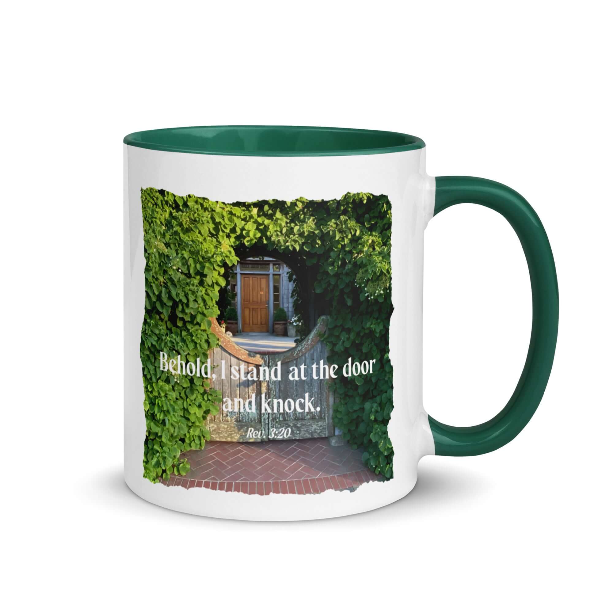 Revelation 3:20 Bible Verse, Garden Doorway White Ceramic Mug with Color Inside Dark green 11 oz