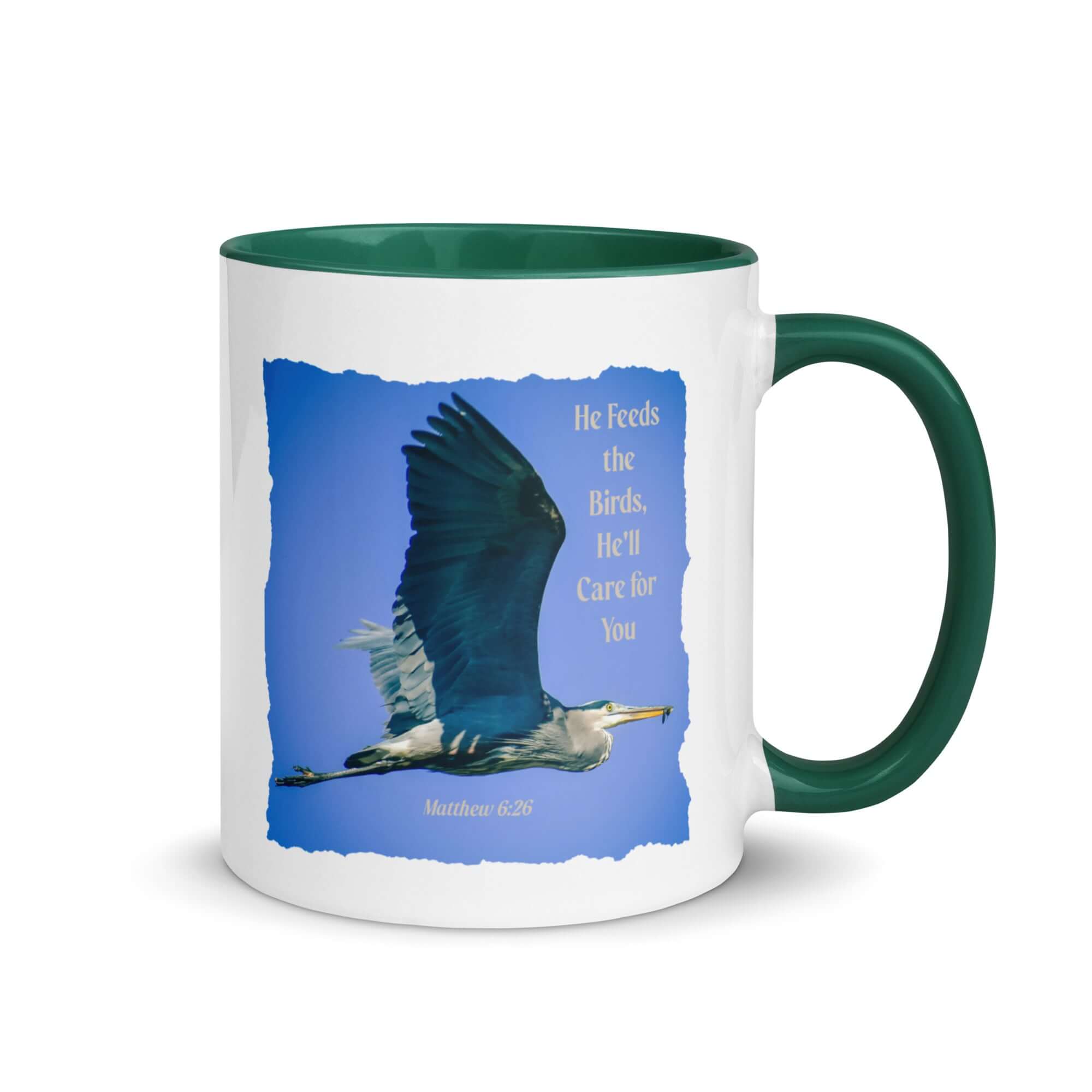 Matthew 6:26 Graceful Heron, He'll Care for You White Ceramic Mug with Color Inside Dark green 11 oz