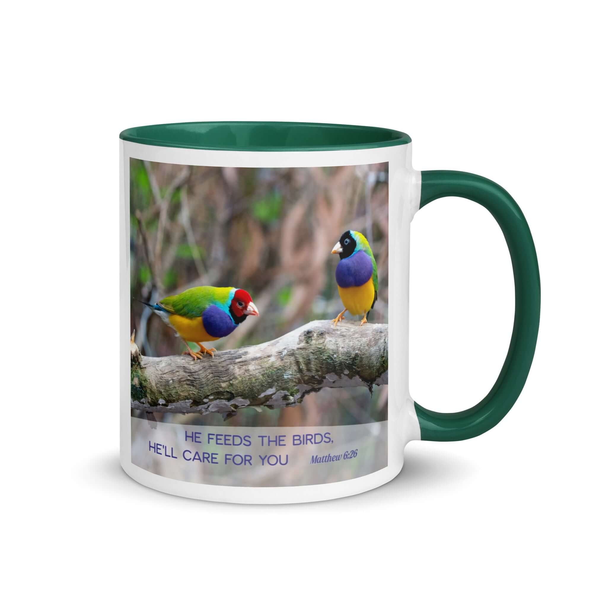 Matthew 6:26 Gouldian Finches, He'll Care for You White Ceramic Mug with Color Inside Dark green 11 oz