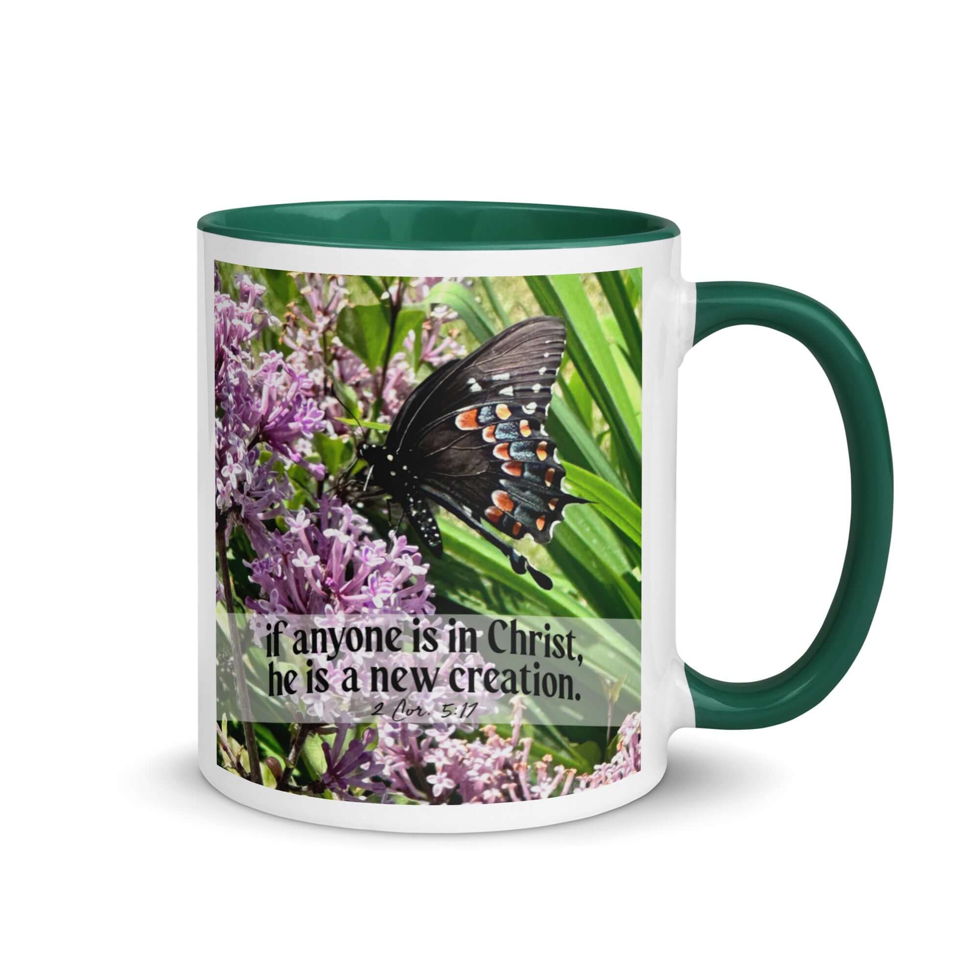 2 Corinthians 5:17 Bible Verse, Butterfly White Ceramic Mug with Color Inside Dark green 11 oz