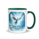 John 14:26 Bible Verse, Holy Spirit Dove White Ceramic Mug with Color Inside Dark green 11 oz