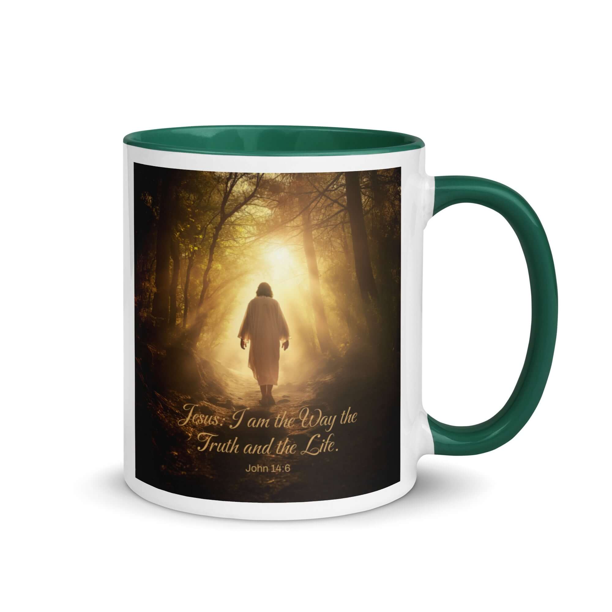 John 14:6 Bible Verse, Forest Image White Ceramic Mug with Color Inside Dark green 11 oz