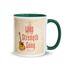 Exodus 15:2 Bible Verse, The LORD is my strength White Ceramic Mug with Color Inside Dark green 11 oz