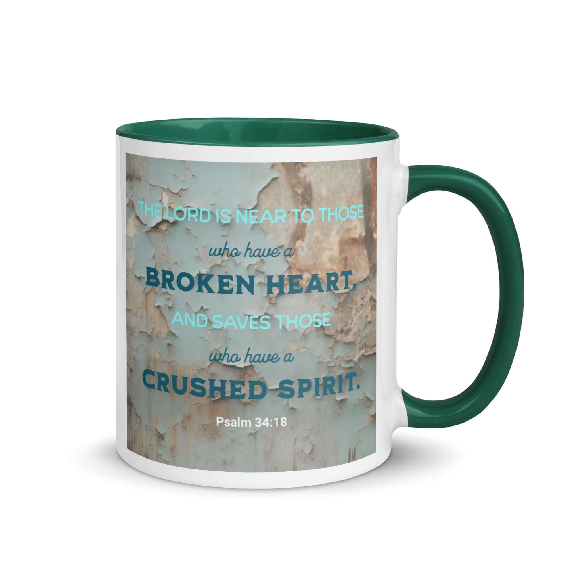 Psalm 34:18 Bible Verse, The LORD is Near White Ceramic Mug with Color Inside Dark green 11 oz