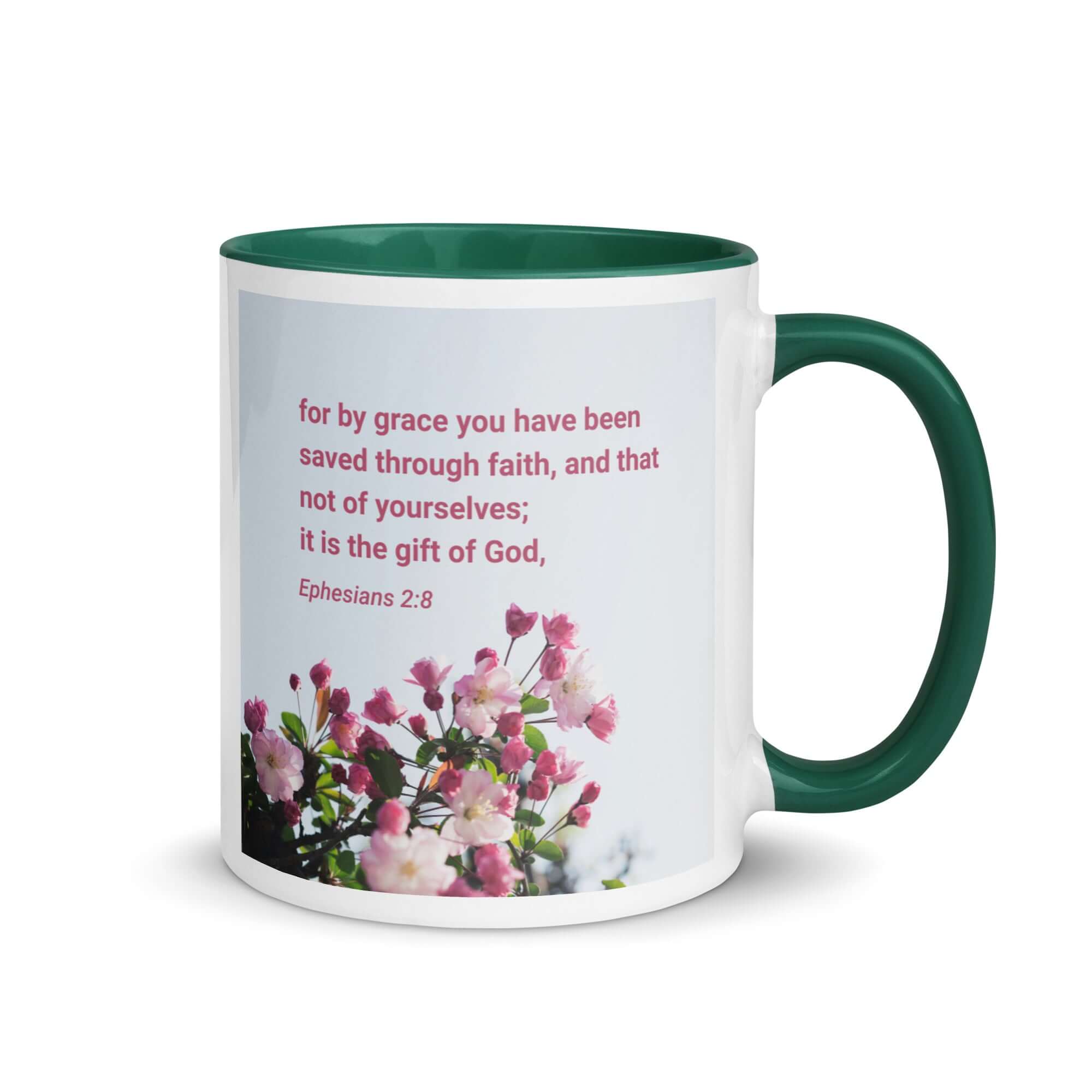 Ephesians 2:8 Bible Verse, saved through faith White Ceramic Mug with Color Inside Dark green 11 oz