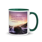1 Corinthians 2:5 Bible Verse, power of God White Ceramic Mug with Color Inside Dark green 11 oz