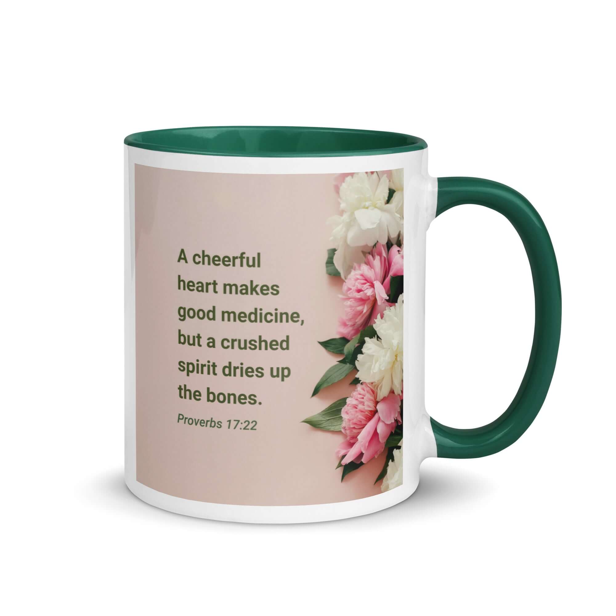 Proverbs 17:22 Bible Verse, good medicine White Ceramic Mug with Color Inside Dark green 11 oz
