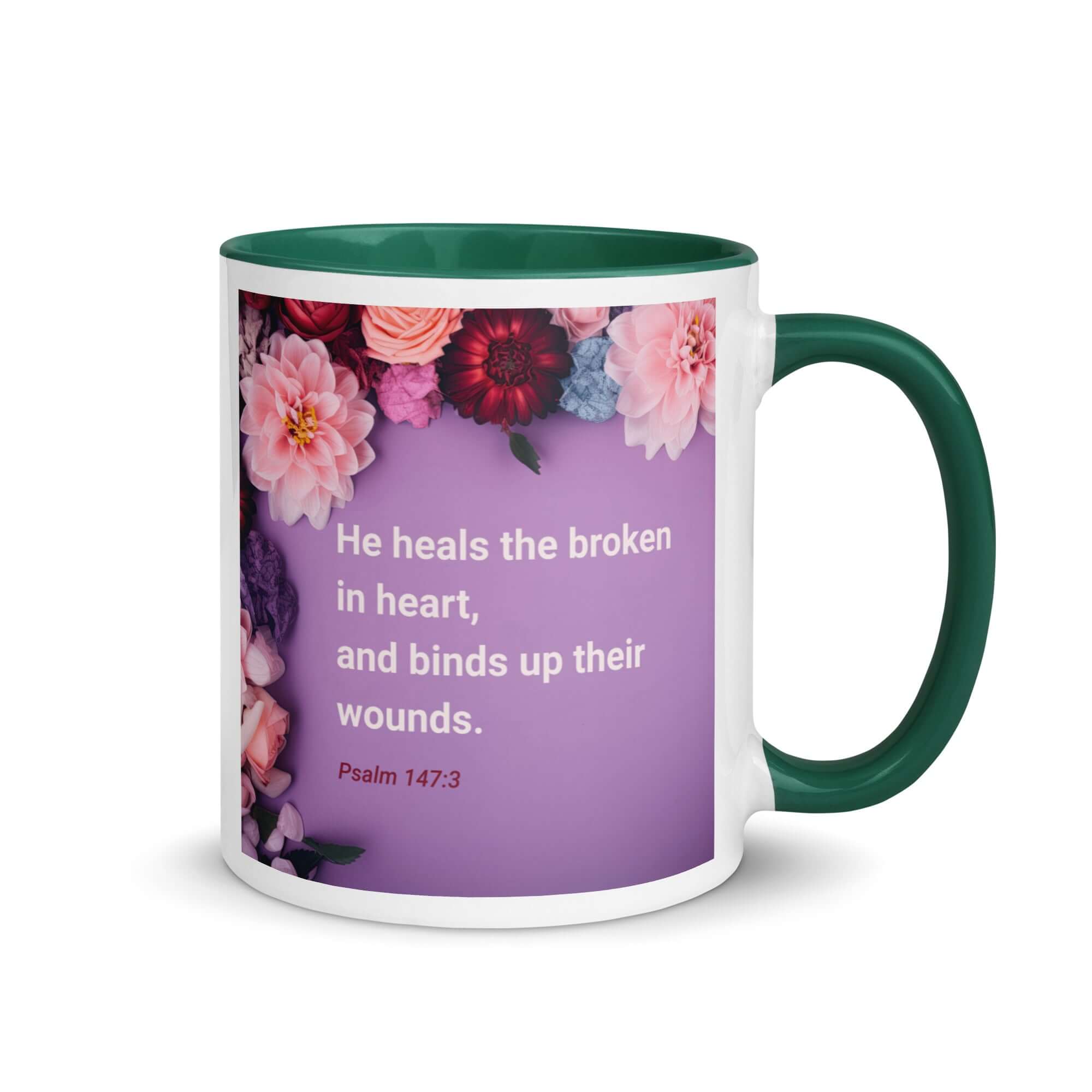 Psalm 147:3 Bible Verse, He heals the broken White Ceramic Mug with Color Inside Dark green 11 oz