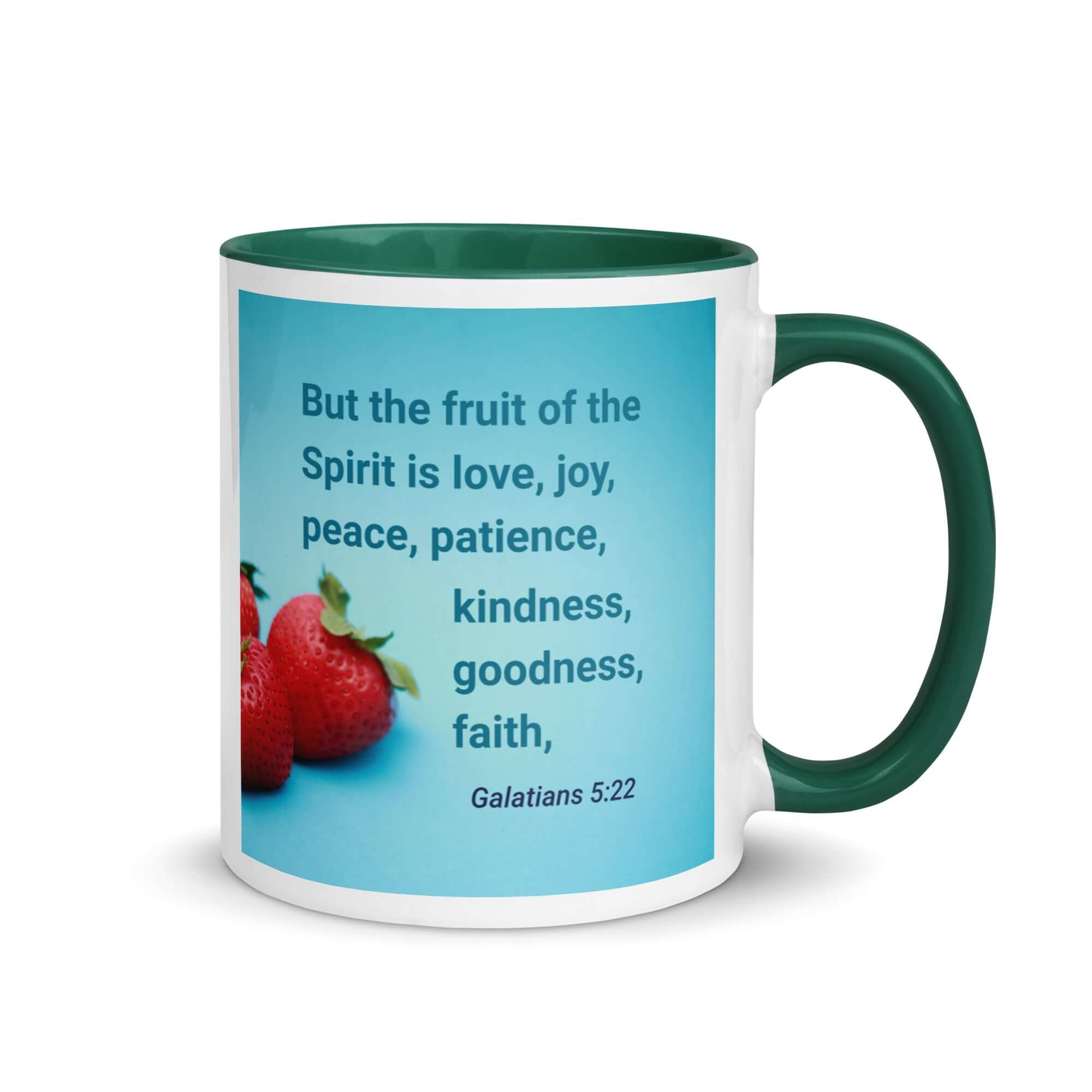 Galatians 5:22 Bible Verse, fruit of the Spirit White Ceramic Mug with Color Inside Dark green 11 oz