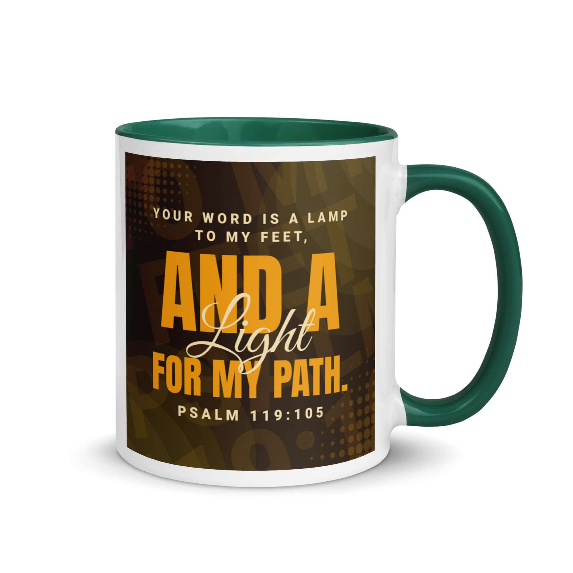 Psalm 119:105 Bible Verse, lamp to my feet White Ceramic Mug with Color Inside Dark green 11 oz