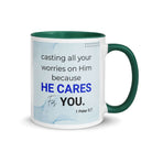 1 Peter 5:7 Bible Verse, casting all your worries on Him White Ceramic Mug with Color Inside Dark green 11 oz