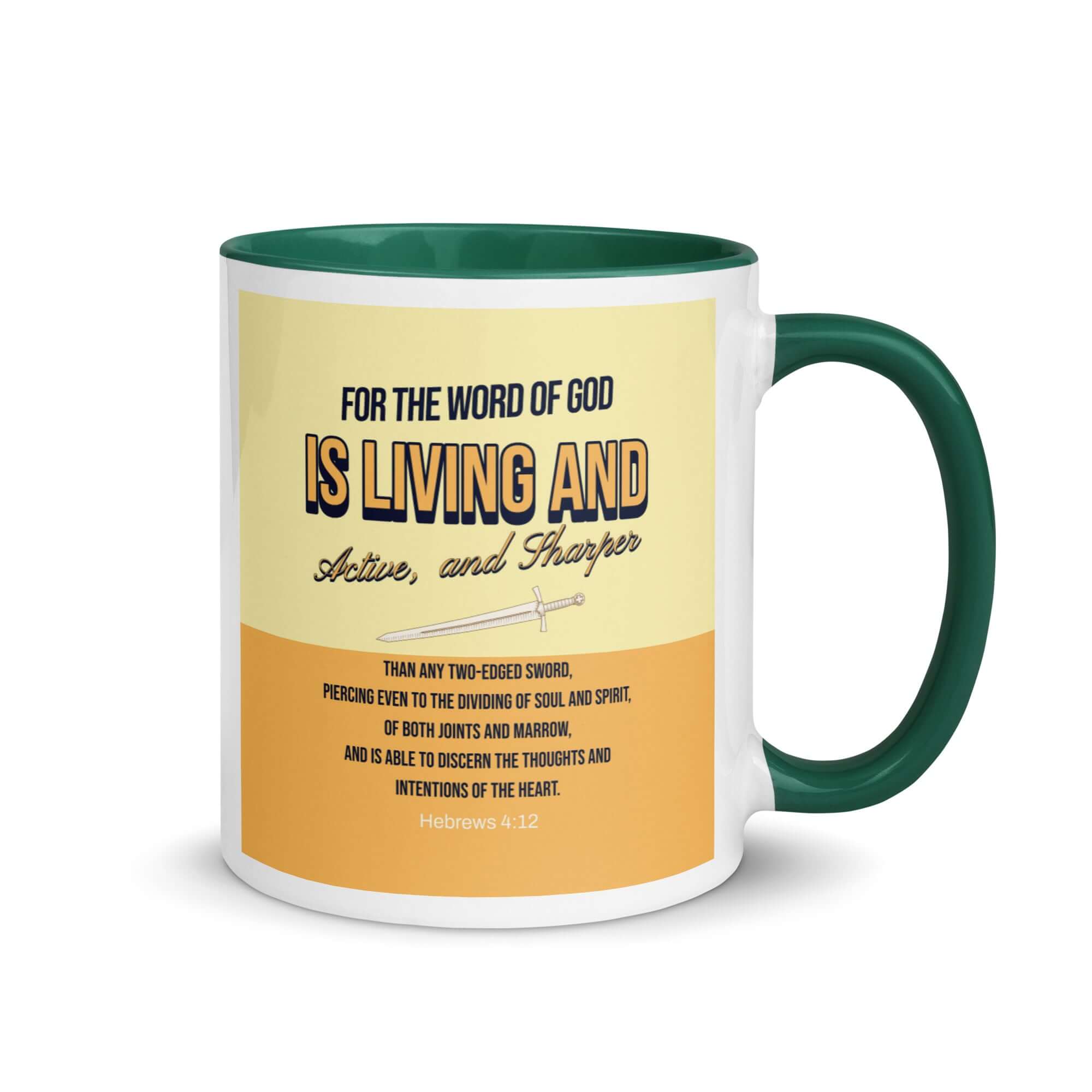 Hebrews 4:12 Bible Verse, living and active White Ceramic Mug with Color Inside Dark green 11 oz