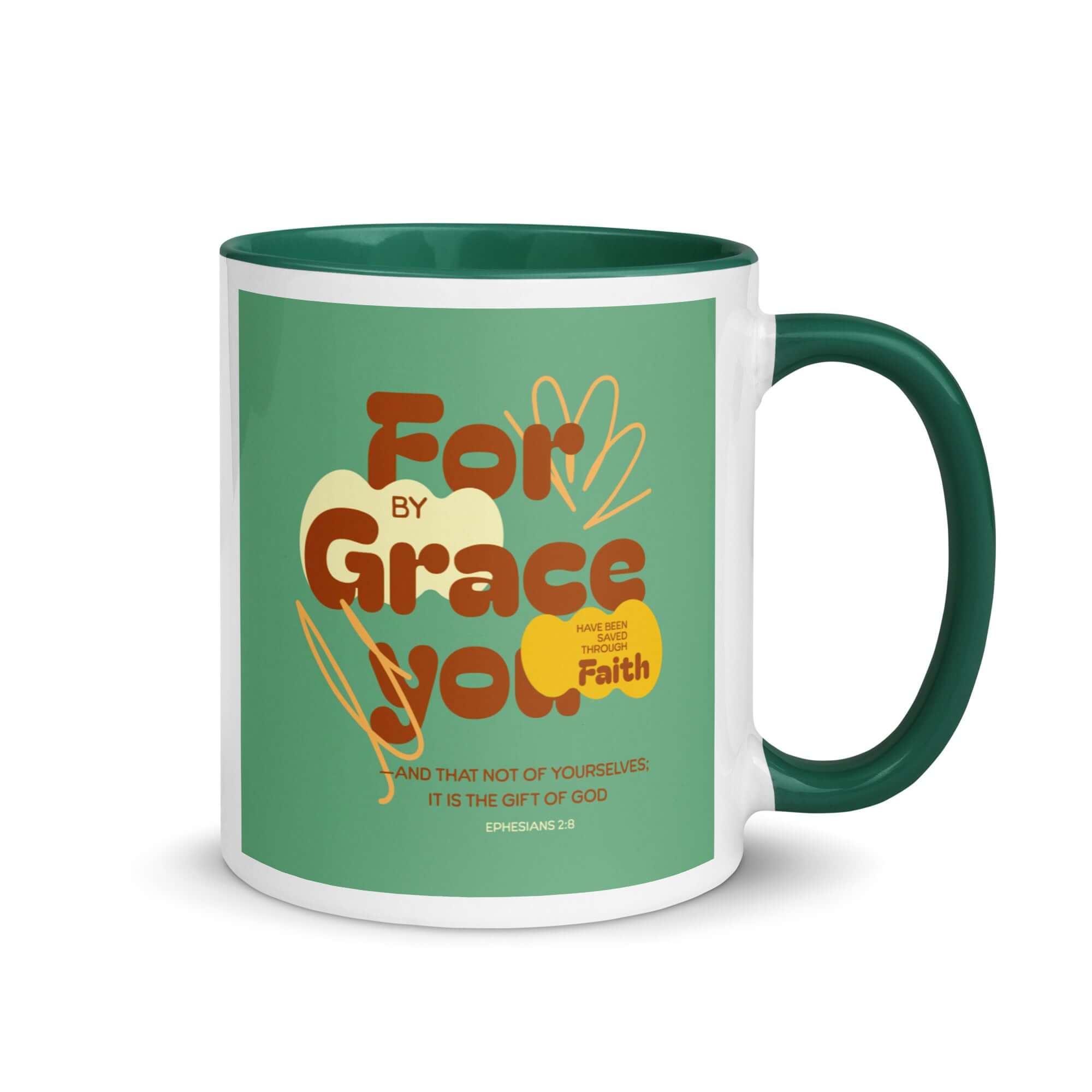 Ephesians 2:8 Bible Verse, for by grace White Ceramic Mug with Color Inside Dark green 11 oz