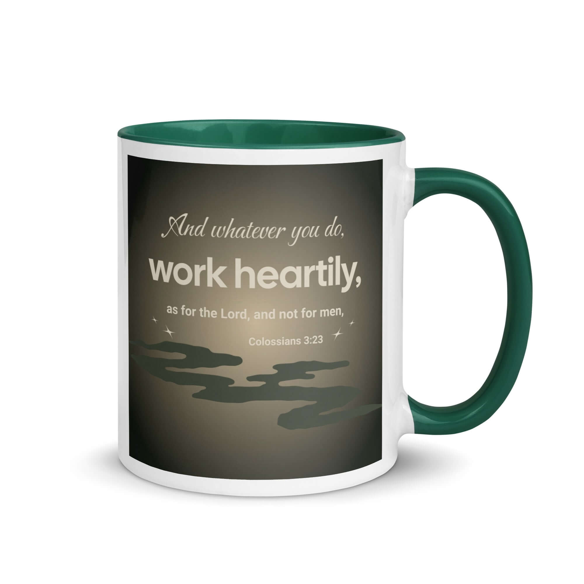 Colossians 3:23 Bible Verse, as for the Lord White Ceramic Mug with Color Inside Dark green 11 oz