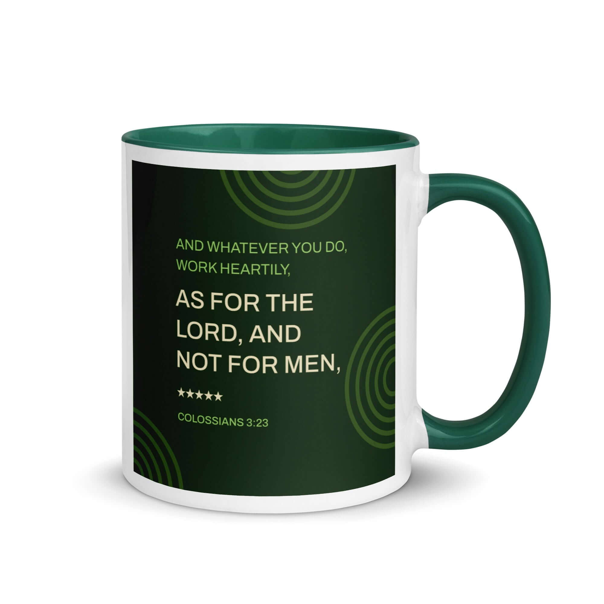 Colossians 3:23 Bible Verse, not for men White Ceramic Mug with Color Inside Dark green 11 oz