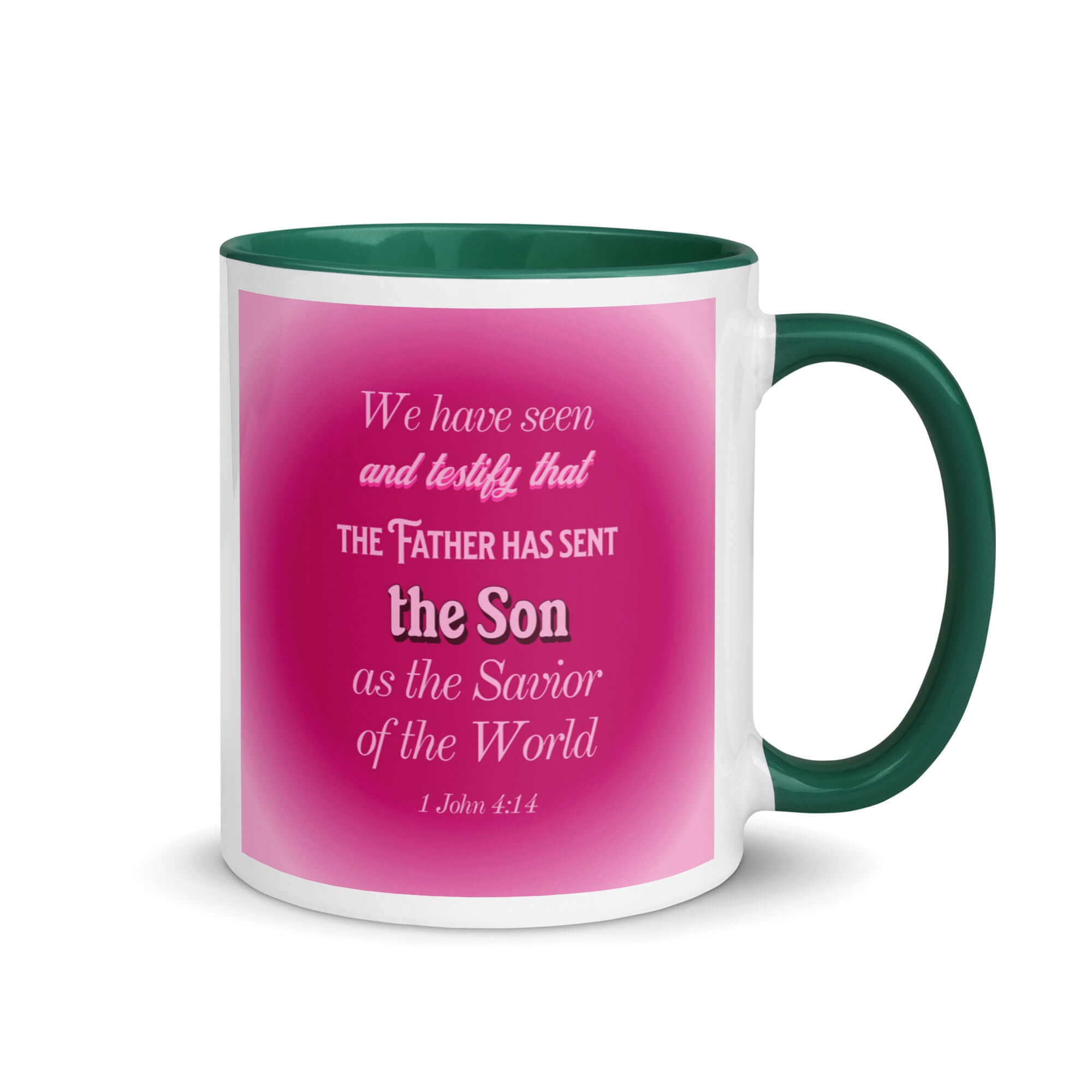 1 John 4:14 Bible Verse, that the Father White Ceramic Mug with Color Inside Dark green 11 oz