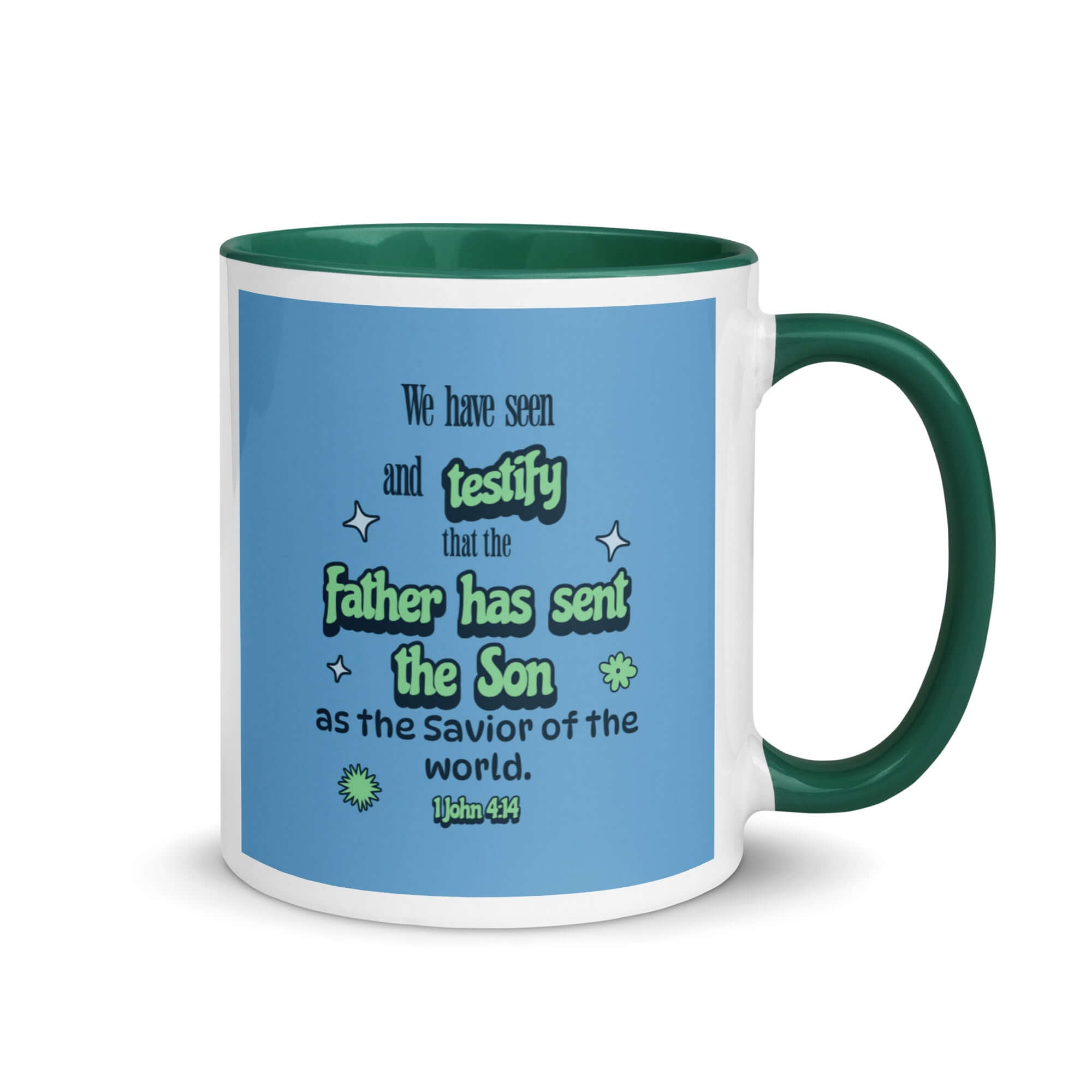 1 John 4:14 Bible Verse, sent the Son White Ceramic Mug with Color Inside Dark green 11 oz