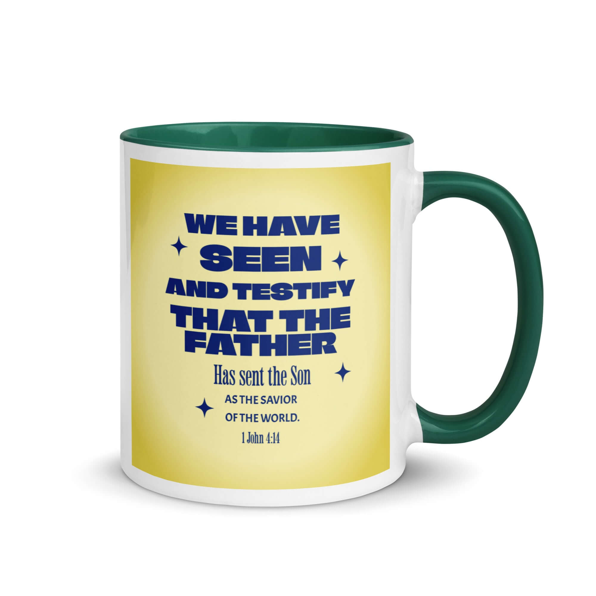 1 John 4:14 Bible Verse, Savior of the world White Ceramic Mug with Color Inside Dark green 11 oz