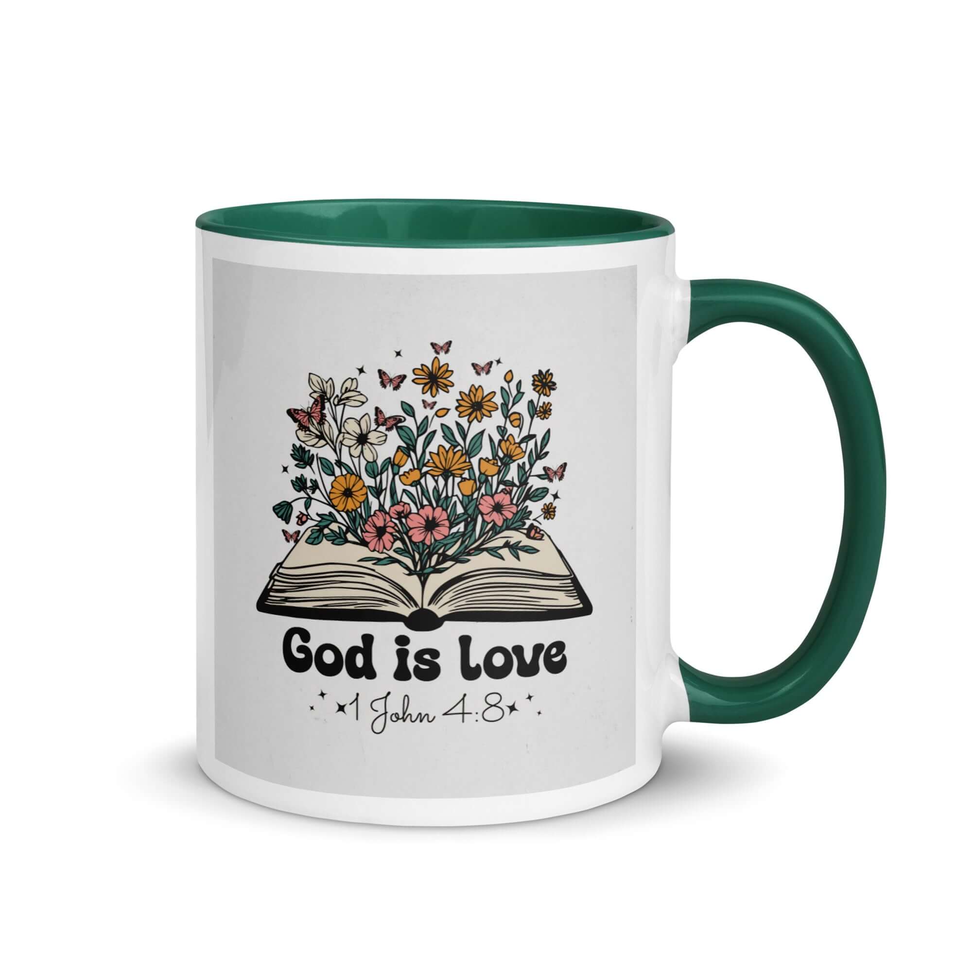 1 John 4:8 Bible Verse, God is Love White Ceramic Mug with Color Inside Dark green 11 oz