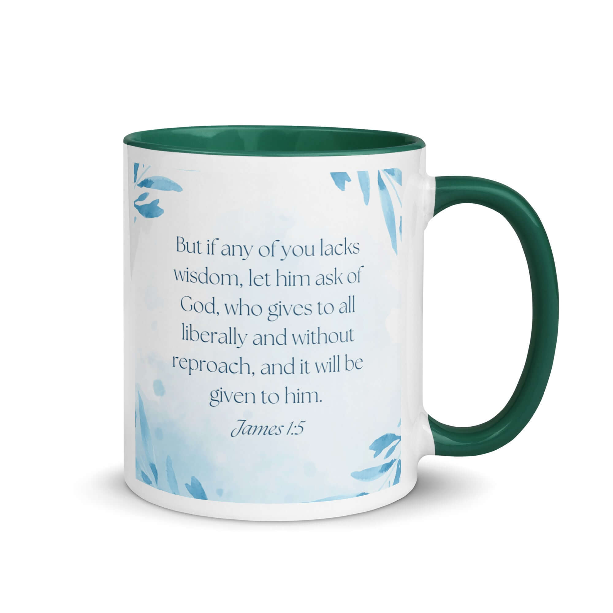 James 1:5 Bible Verse, lacks wisdom White Ceramic Mug with Color Inside Dark green 11 oz