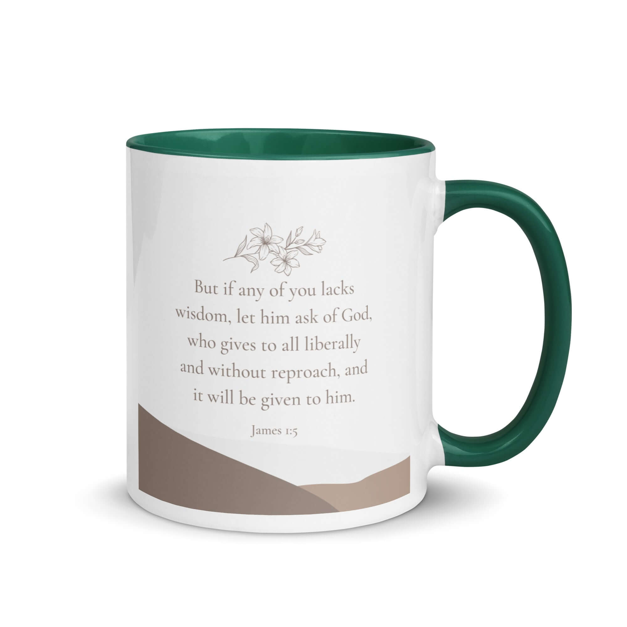 James 1:5 Bible Verse, ask of God White Ceramic Mug with Color Inside Dark green 11 oz