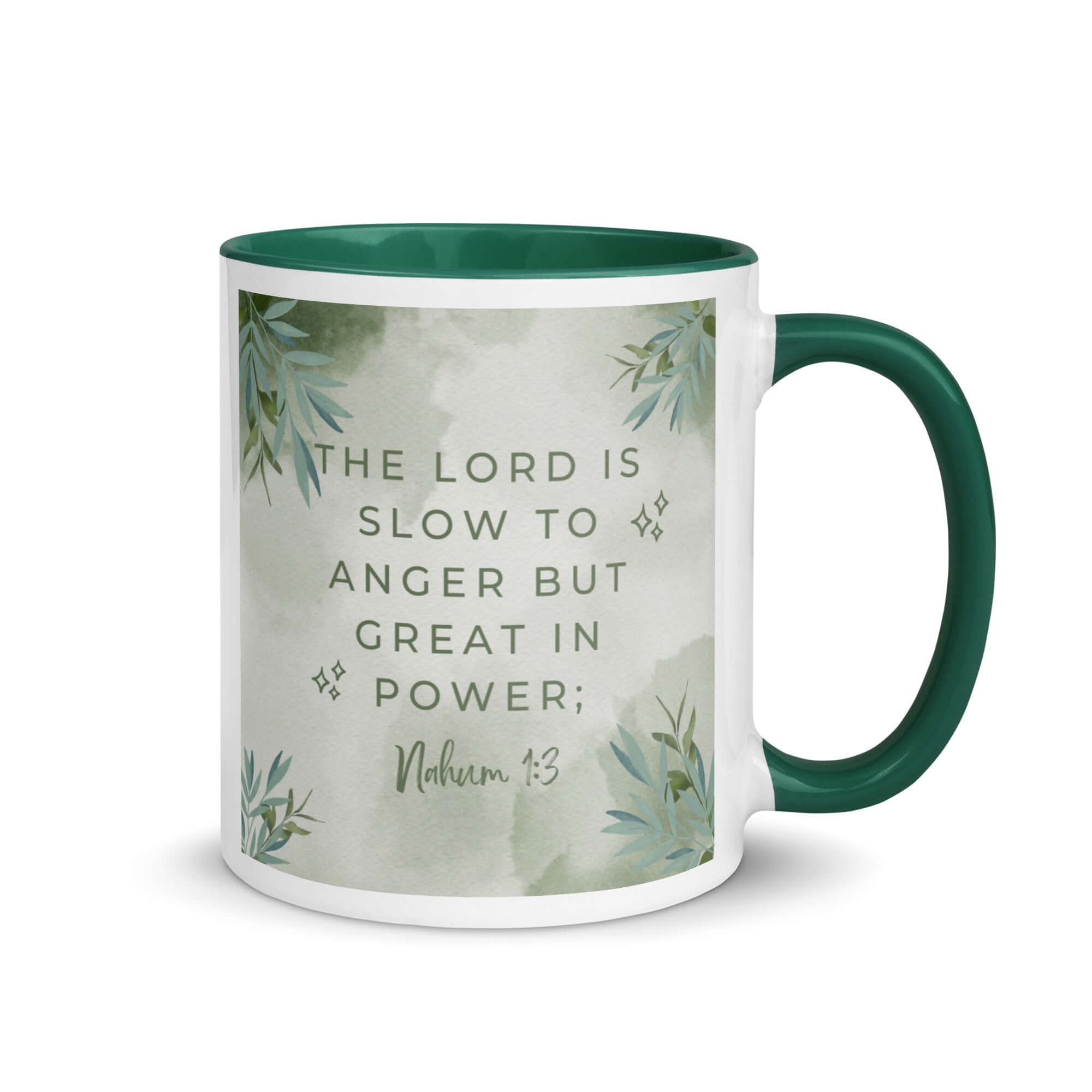 Nahum 1:3 Bible Verse, The Lord is slow White Ceramic Mug with Color Inside Dark green 11 oz