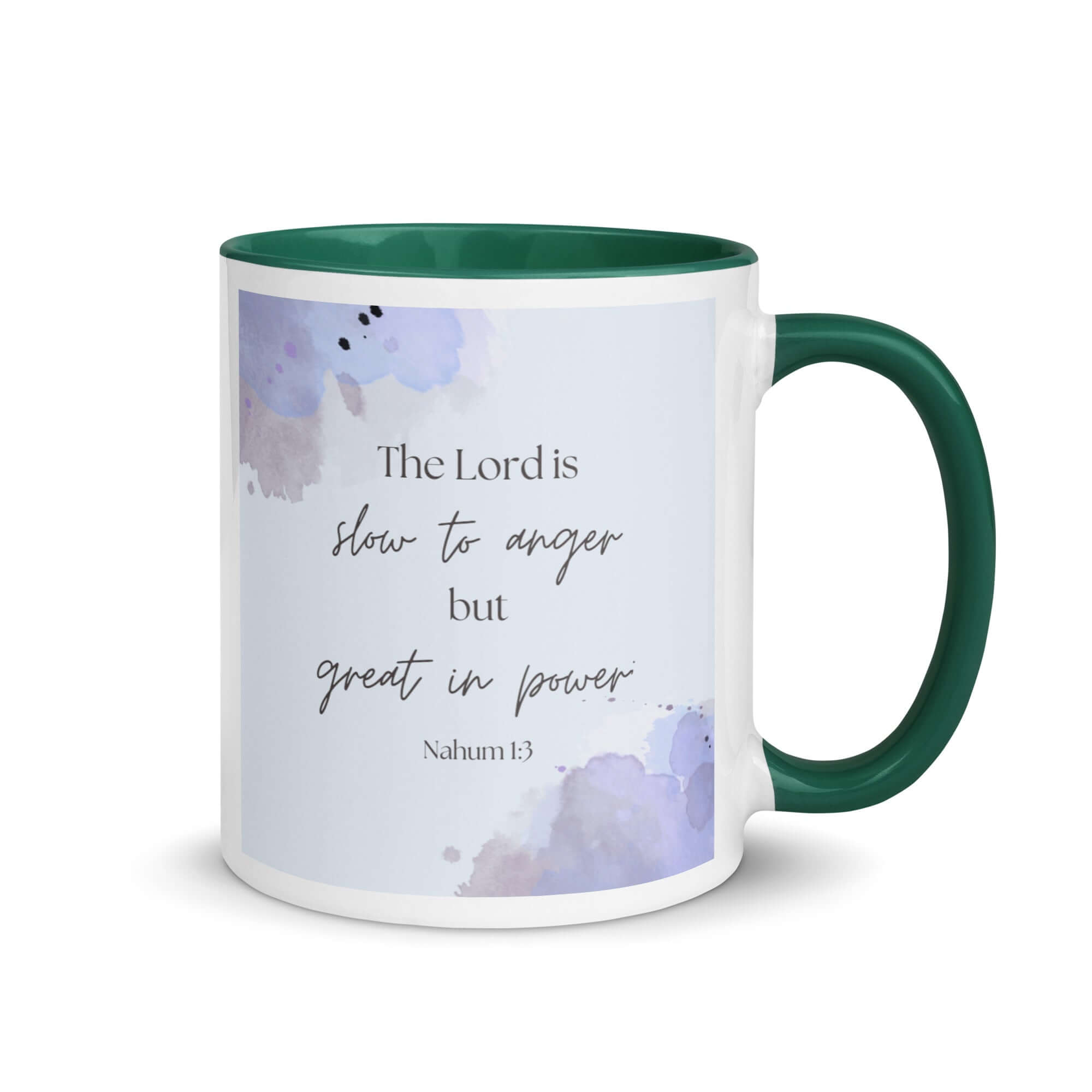 Nahum 1:3 Bible Verse, great in power White Ceramic Mug with Color Inside Dark green 11 oz