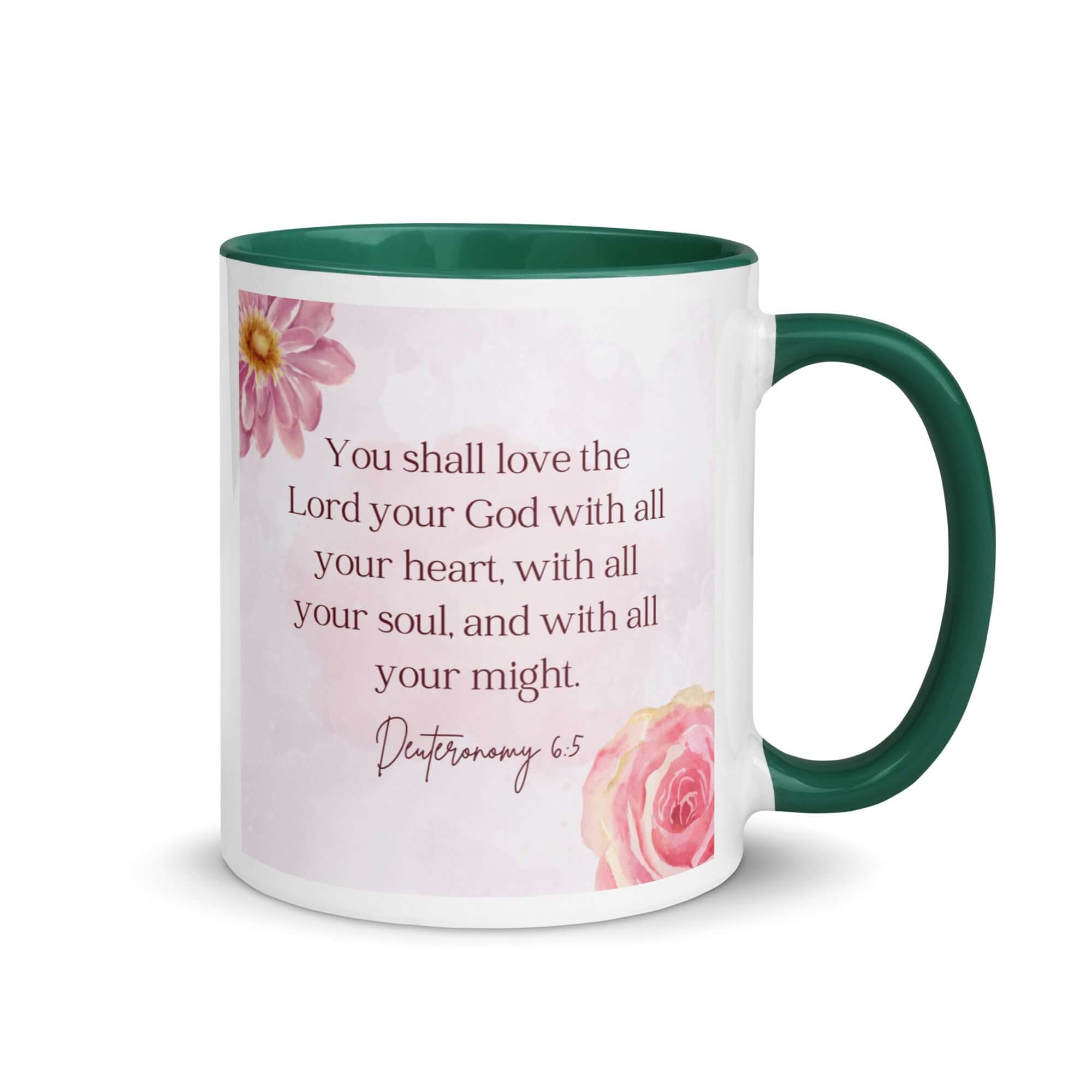 Deuteronomy 6:5 Bible Verse, the Lord White Ceramic Mug with Color Inside Dark green 11 oz