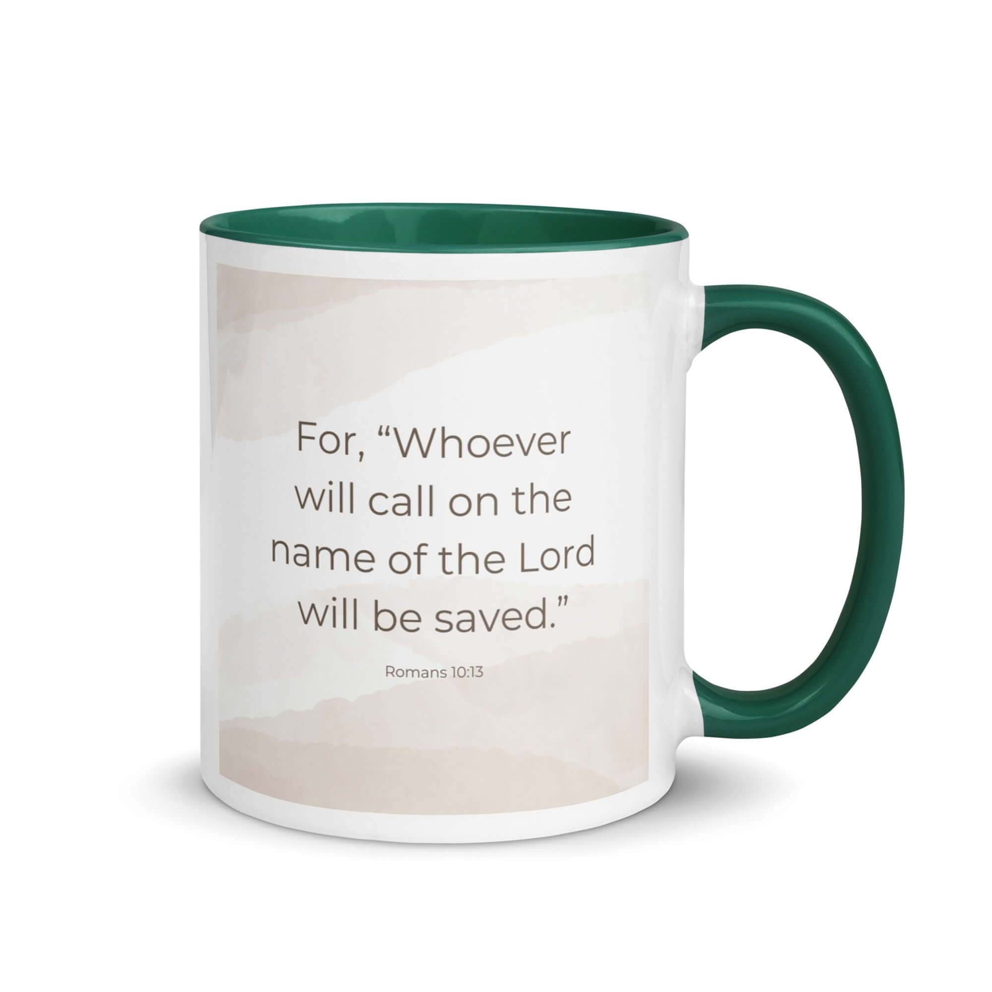 Romans 10:13 Bible Verse, the name White Ceramic Mug with Color Inside Dark green 11 oz