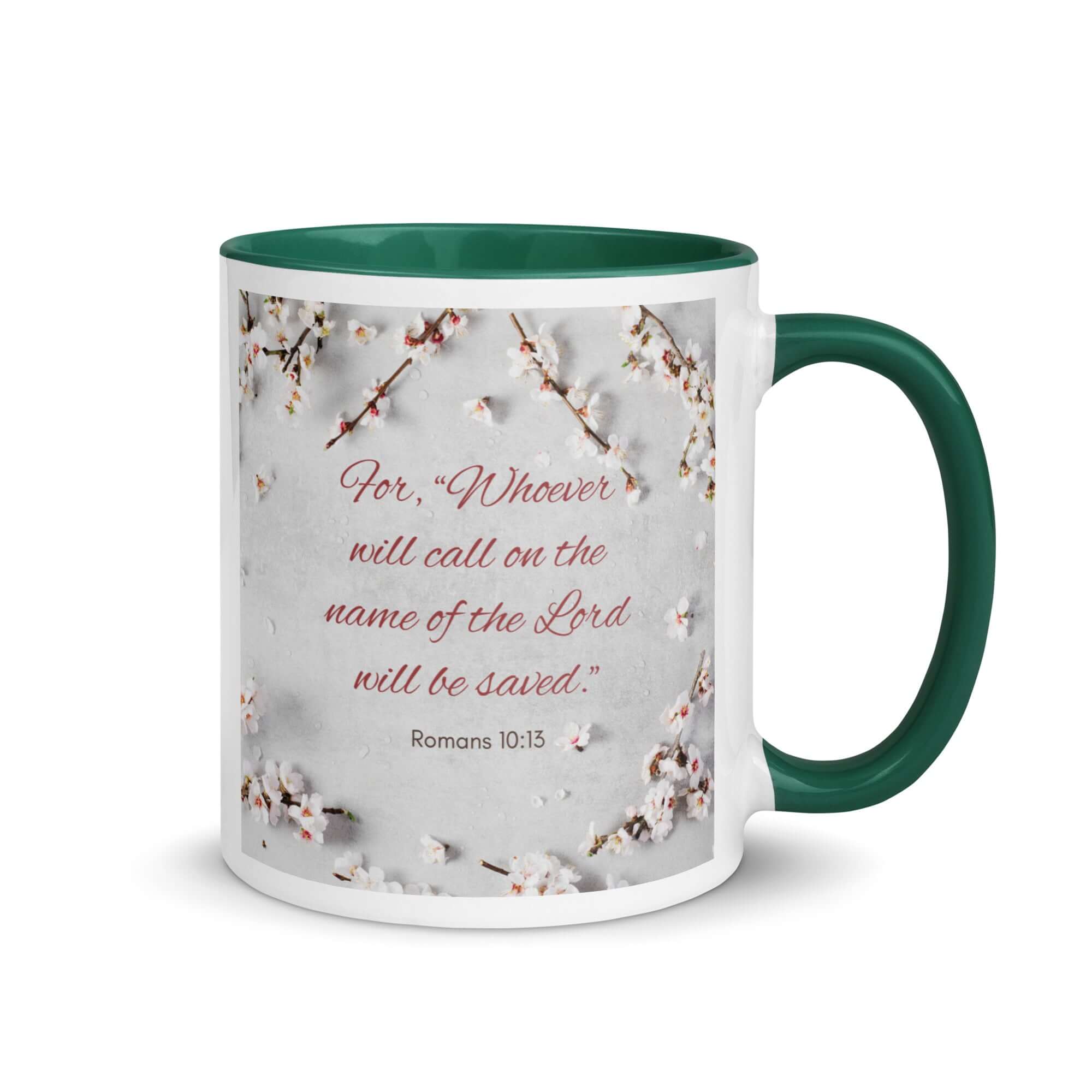 Romans 10:13 Bible Verse, the Lord White Ceramic Mug with Color Inside Dark green 11 oz