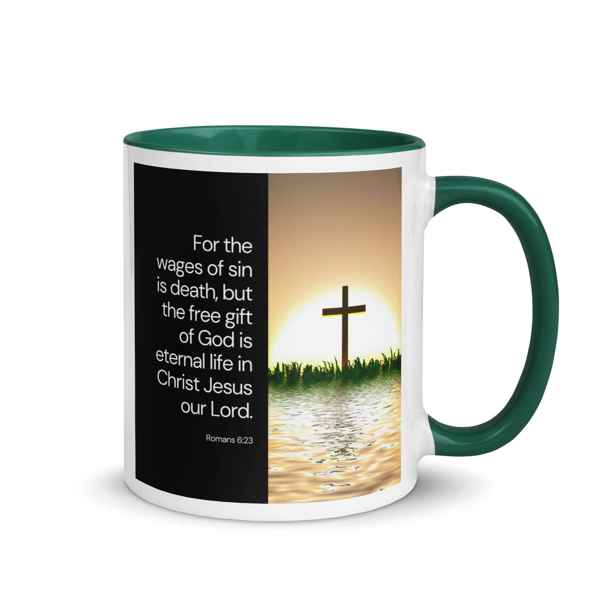 Romans 6:23 Bible Verse, the wages White Ceramic Mug with Color Inside Dark green 11 oz