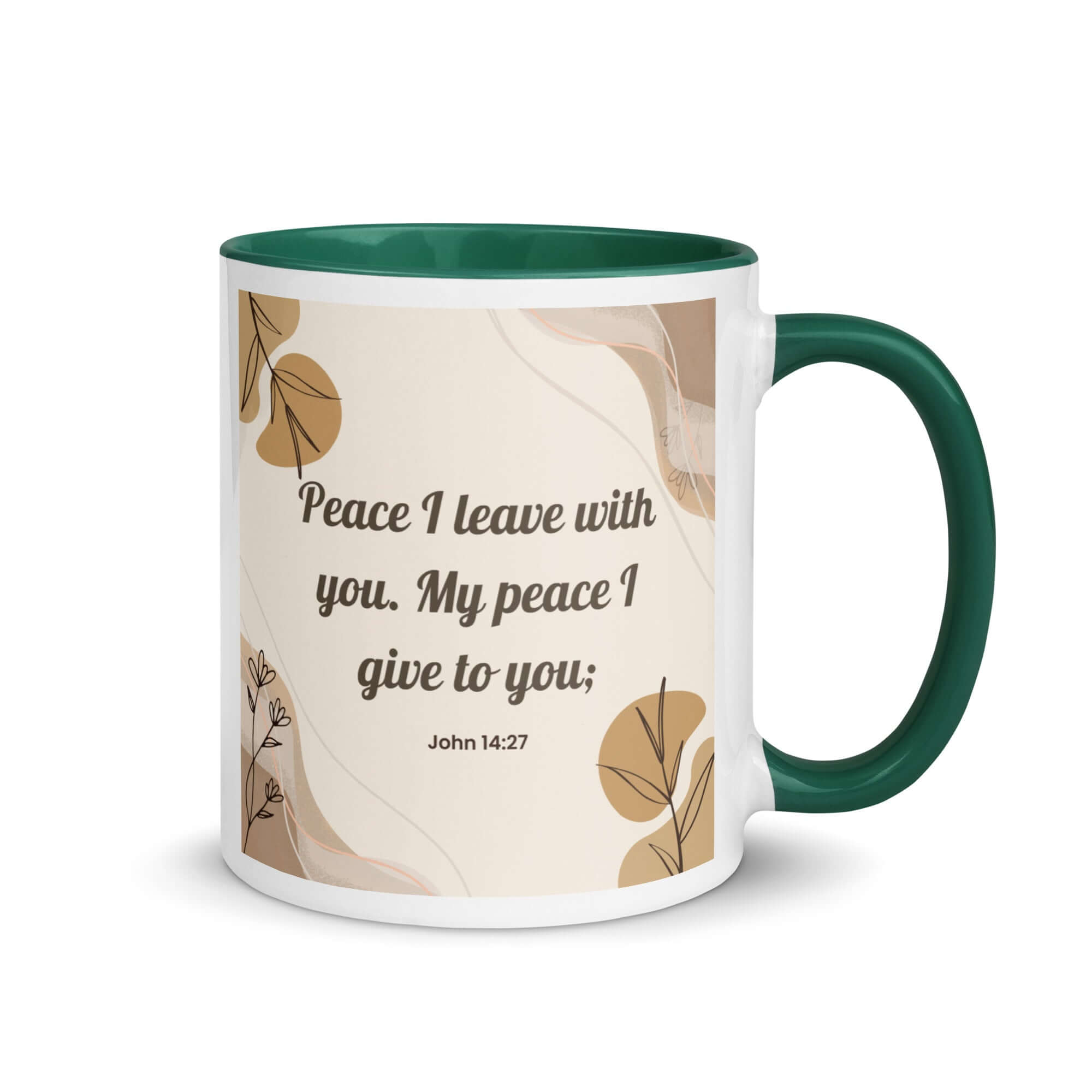 John 14:27 Bible Verse, Peace I White Ceramic Mug with Color Inside Dark green 11 oz