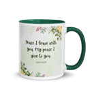 John 14:27 Bible Verse, My peace White Ceramic Mug with Color Inside Dark green 11 oz