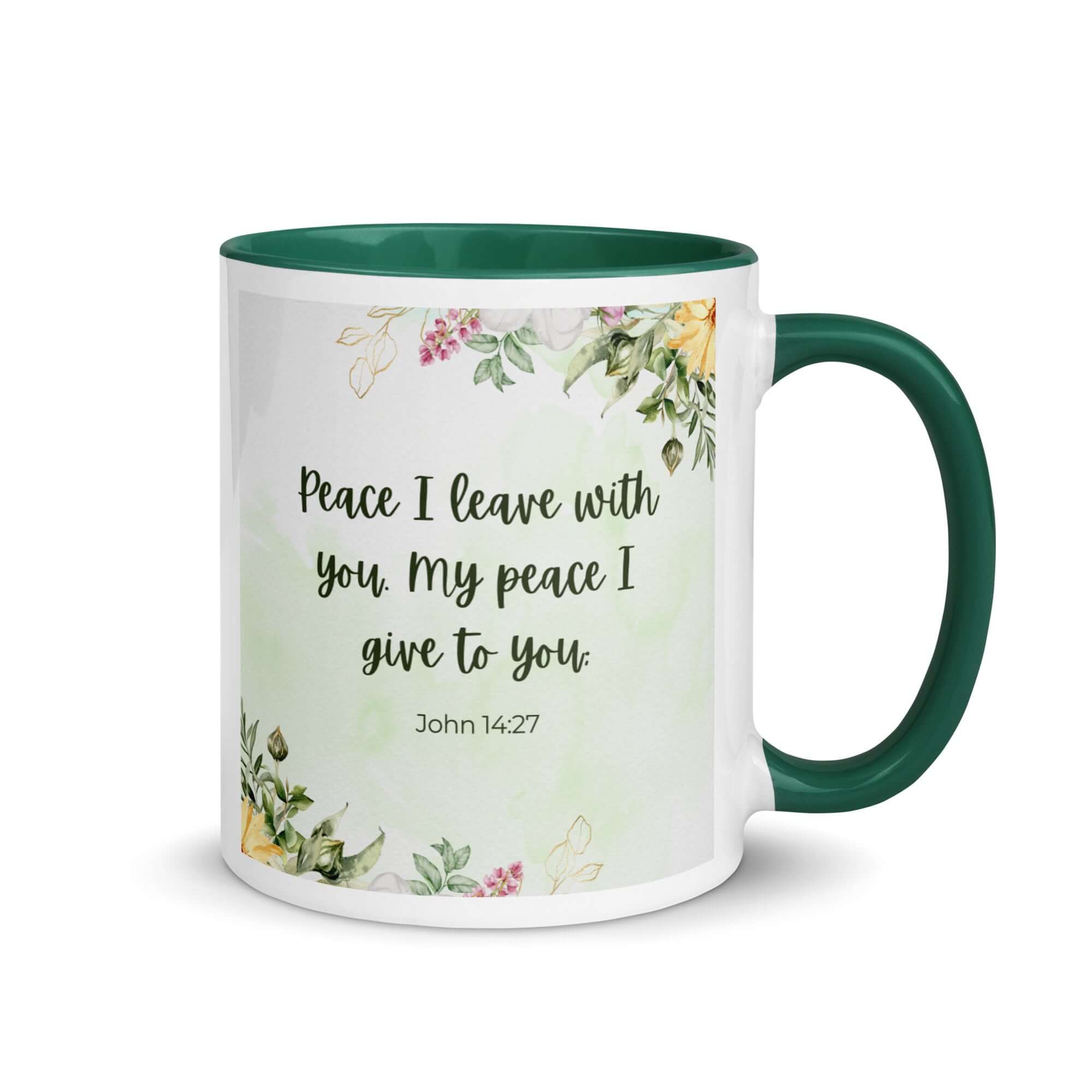 John 14:27 Bible Verse, My peace White Ceramic Mug with Color Inside Dark green 11 oz