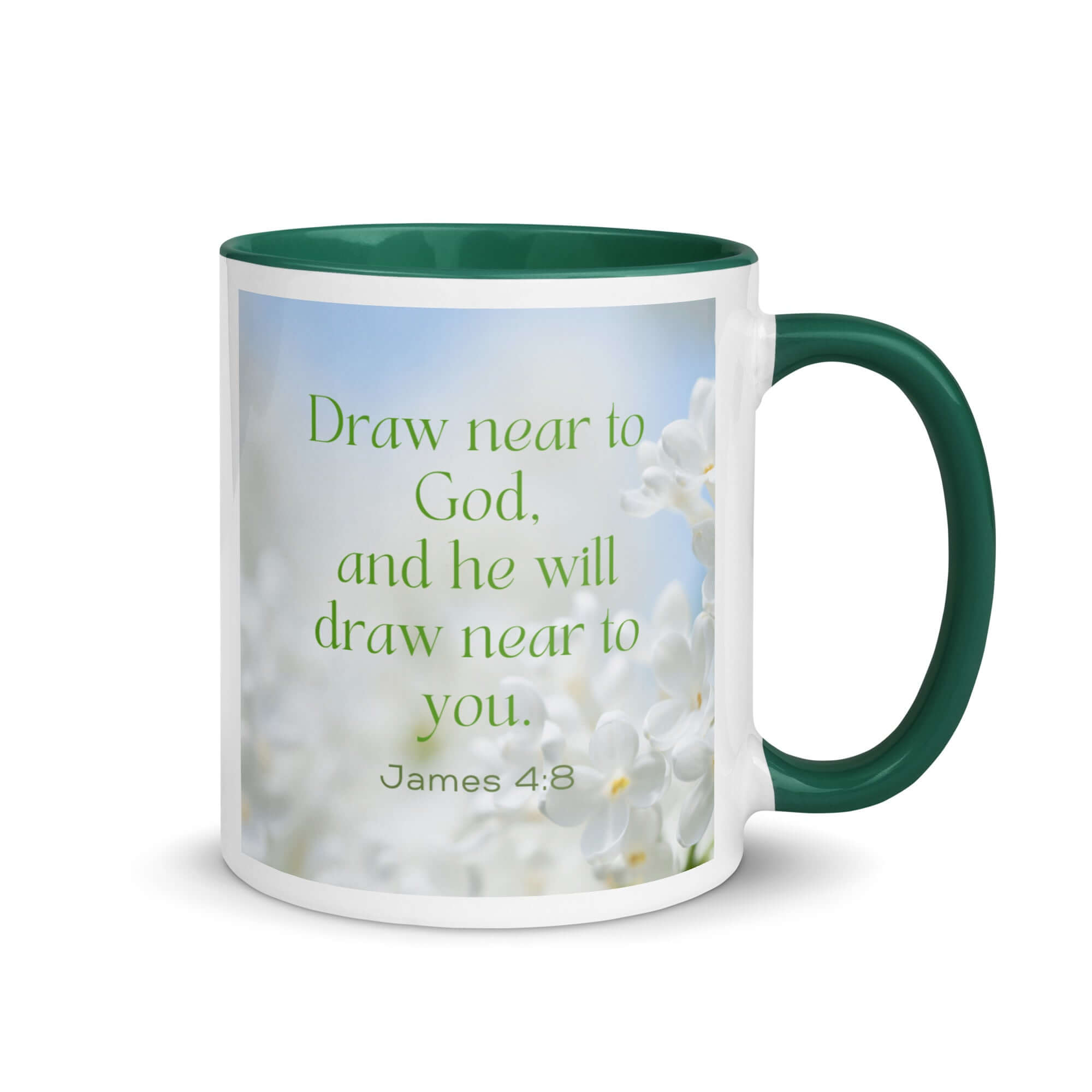 James 4:8 Bible Verse, Draw near White Ceramic Mug with Color Inside Dark green 11 oz
