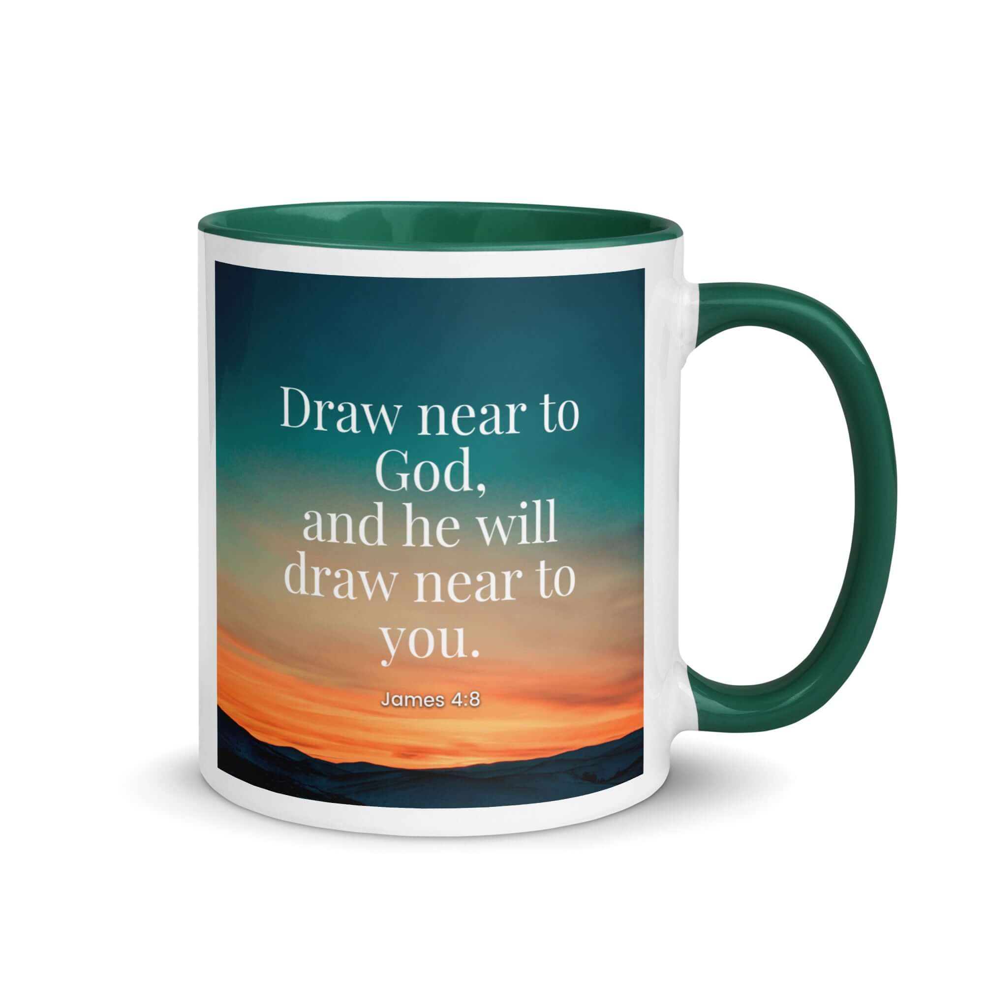 James 4:8 Bible Verse, near to God White Ceramic Mug with Color Inside Dark green 11 oz